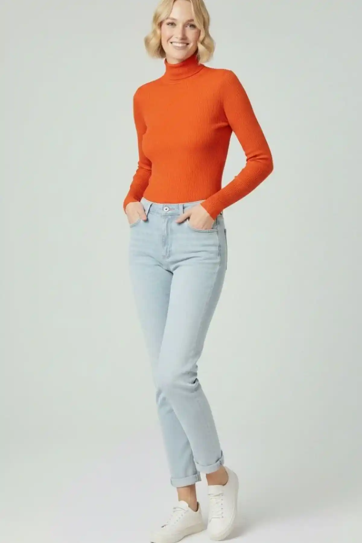 Kadın Tam Boğazlı Fitilli Likrali Kaşkorse Badi İnce Uzun Kollu Kazak - Turuncu