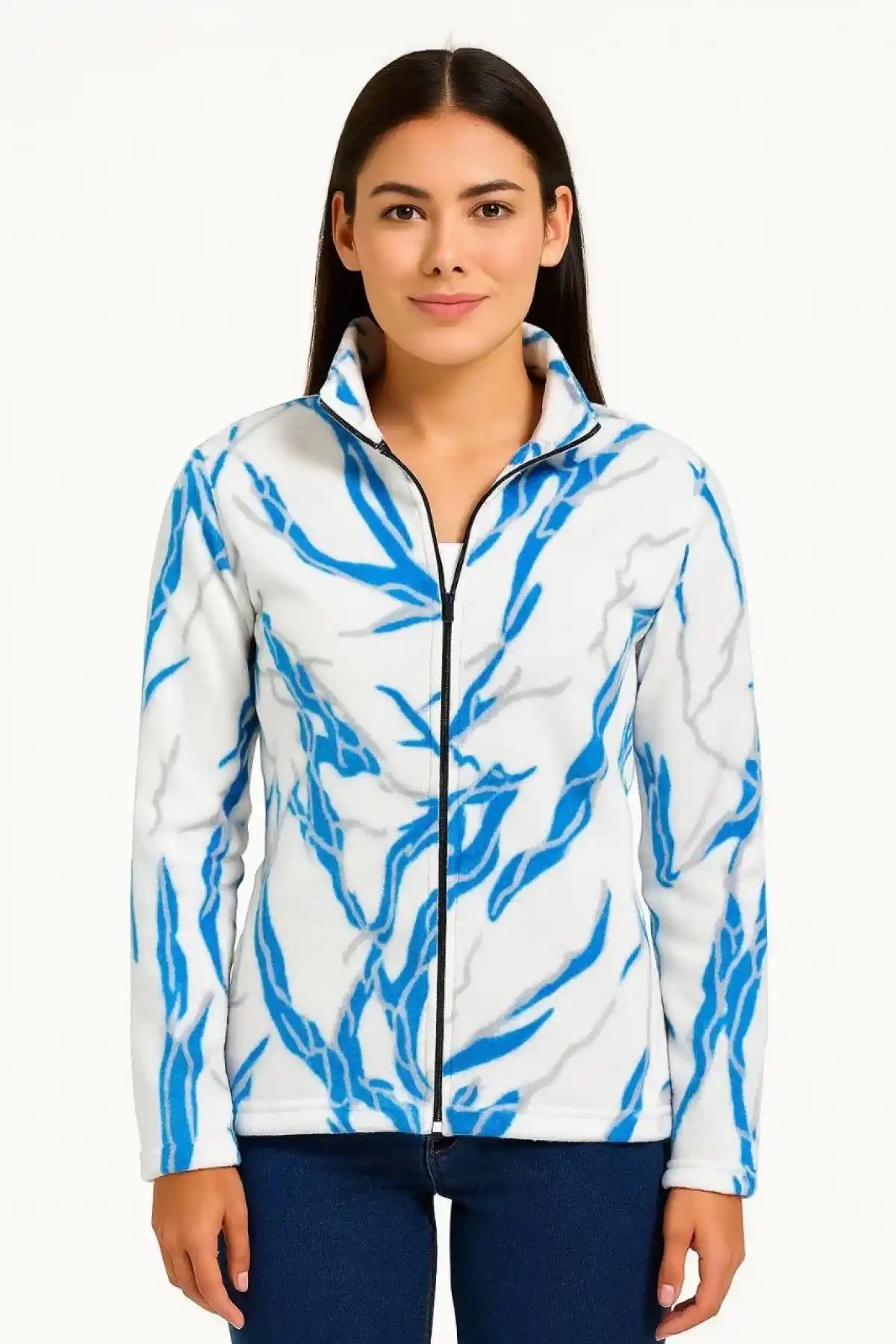 Kadın Tam Fermuarlı Desenli Polar Sweat Lightning Desen Yakalı, Uzun Kollu, Oversize Rahat Kalıp - Beyaz