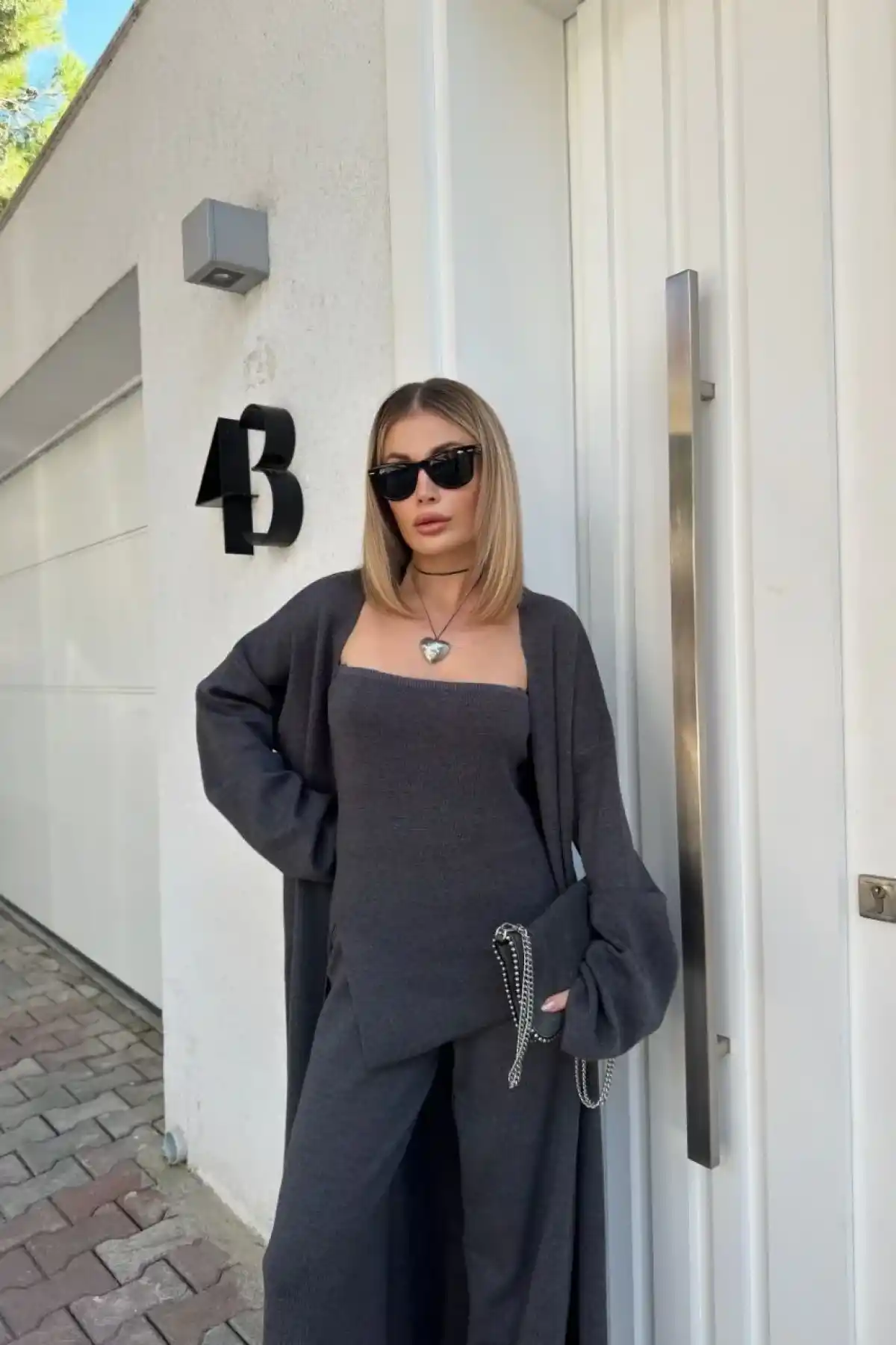 Kadın Triko 3 Parça Takım Straplez Üst Pantolon Uzun Hırka - Füme