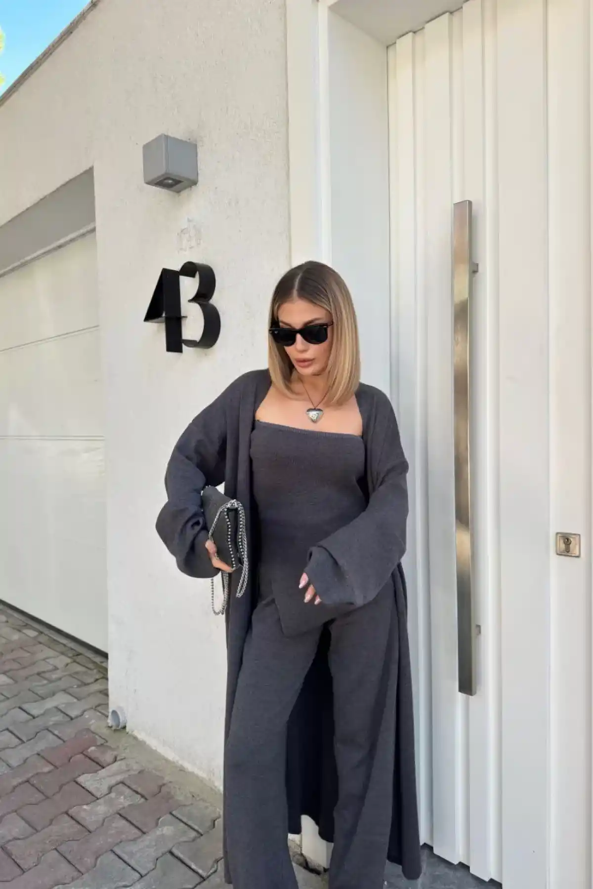 Kadın Triko Üçlü Takım - Füme