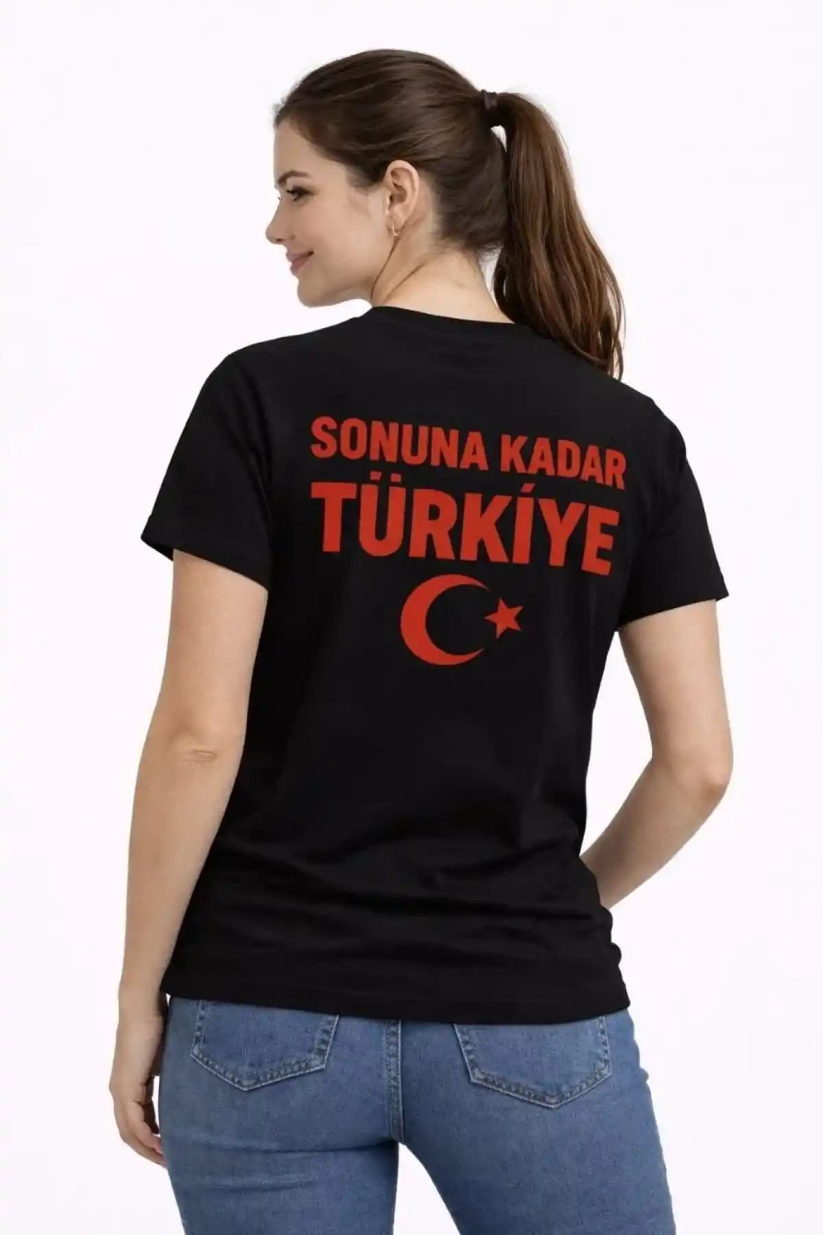 Kadın TÜRKİYE Ay Yıldız Baskılı Taraftar Forma T-Shirt - Siyah