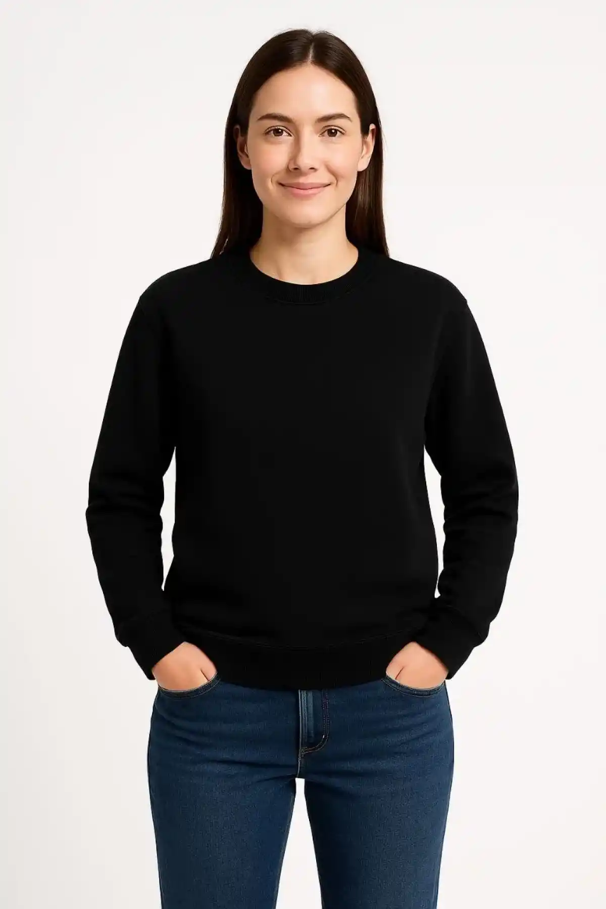 Kadın Üç İplik Düz Bisiklet Yaka SweatShirt - Siyah