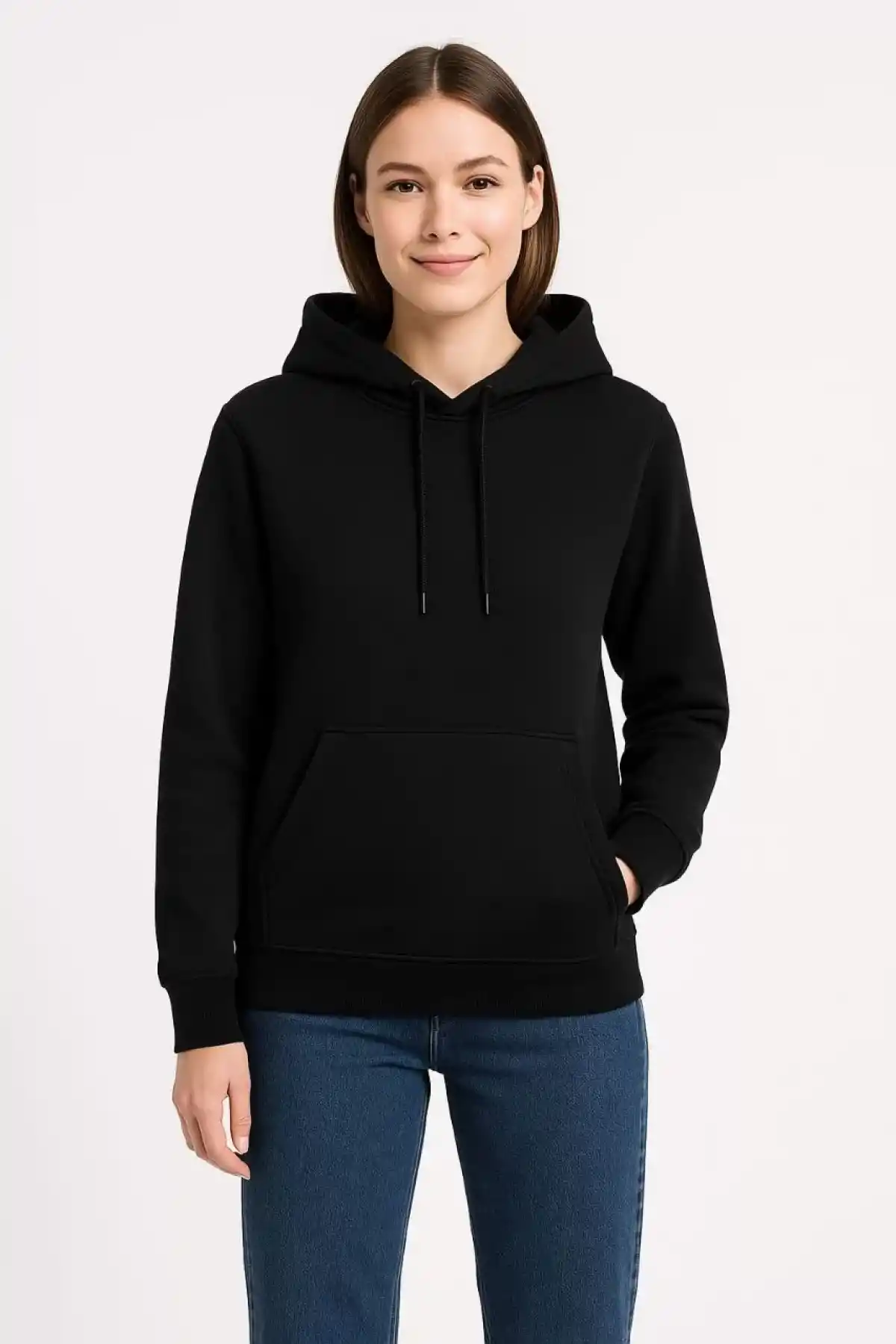 Kadın Üç İplik Kapüşonlu Kanguru Cepli Sweatshirt hoodie - Siyah