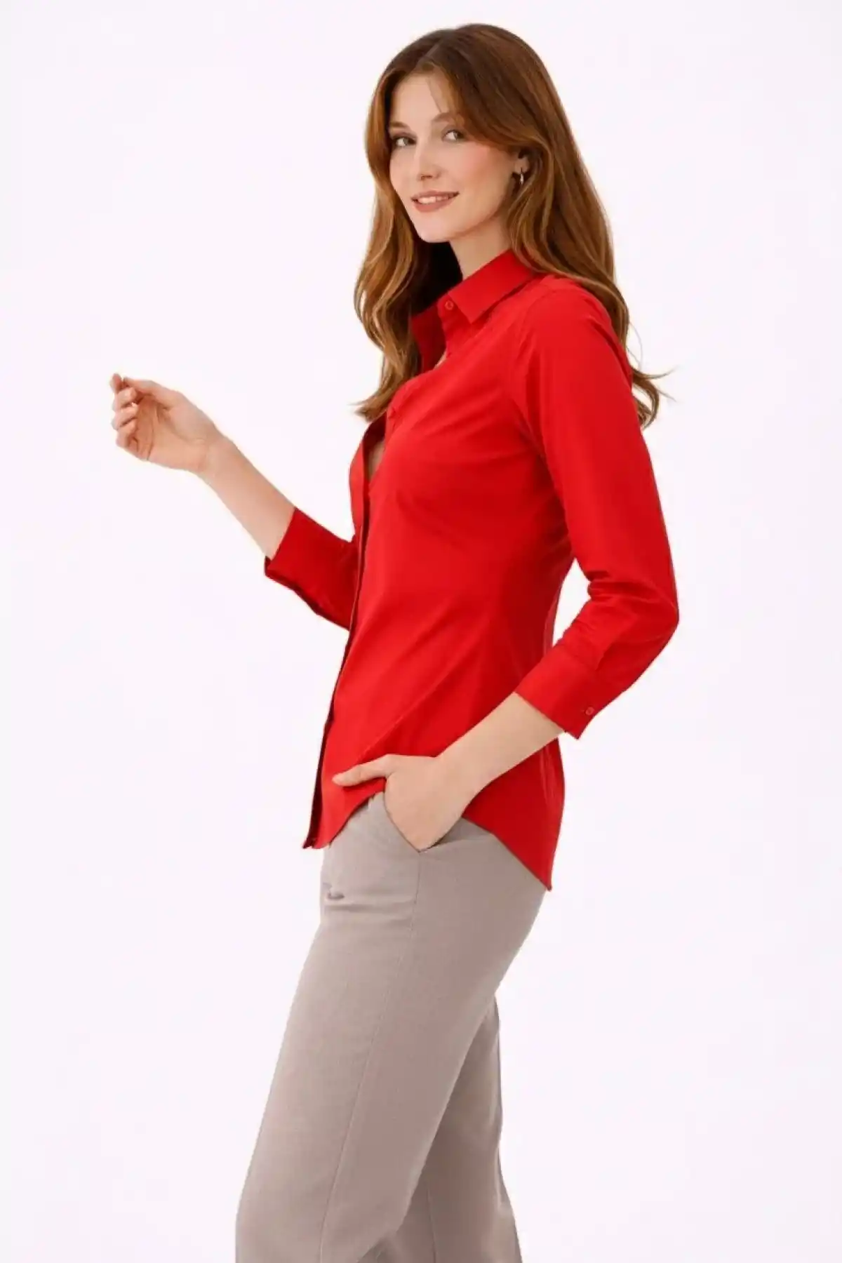 Kadın Uzun Kollu Gömlek Düğmeli Klasik Yaka Günlük ve Ofis Şıklığına uygun - Kırmızı
