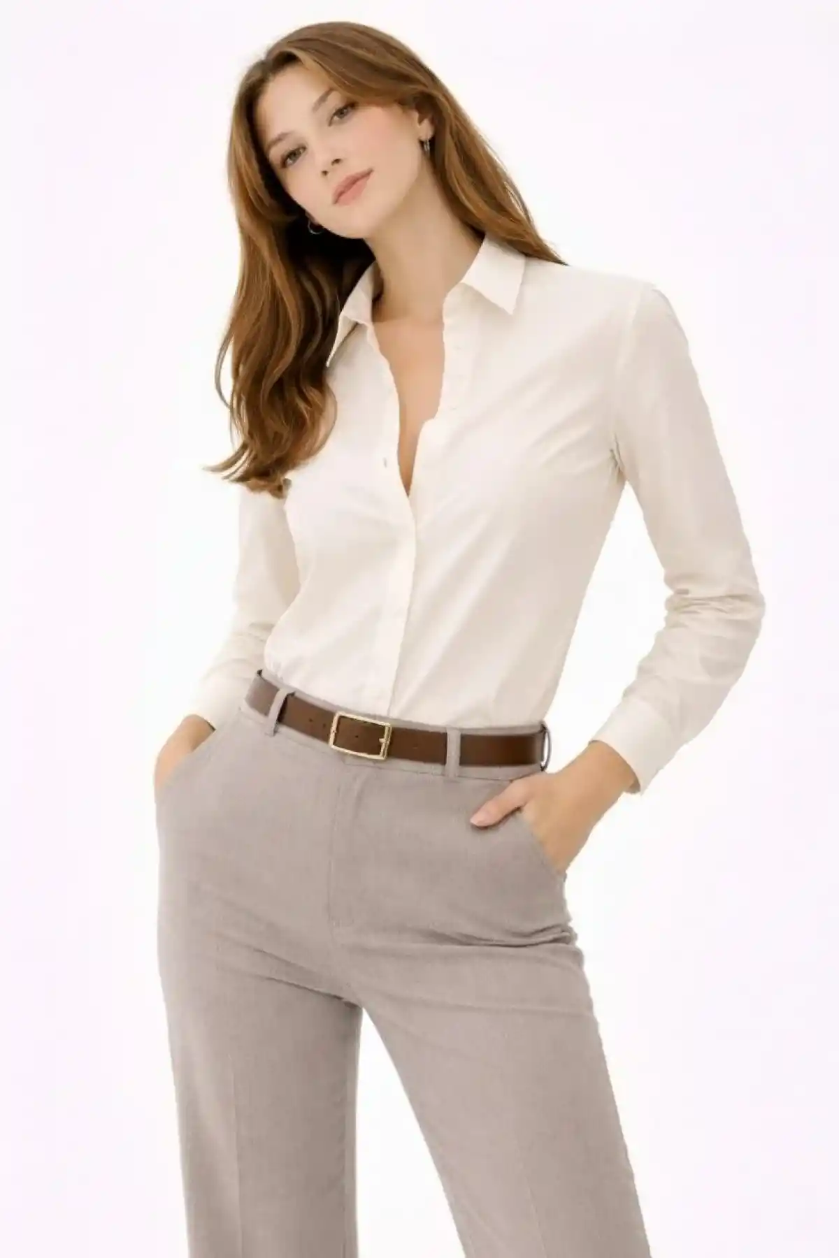 Kadın Uzun Kollu Gömlek Düğmeli Klasik Yaka Günlük ve Ofis Şıklığına uygun - Krem