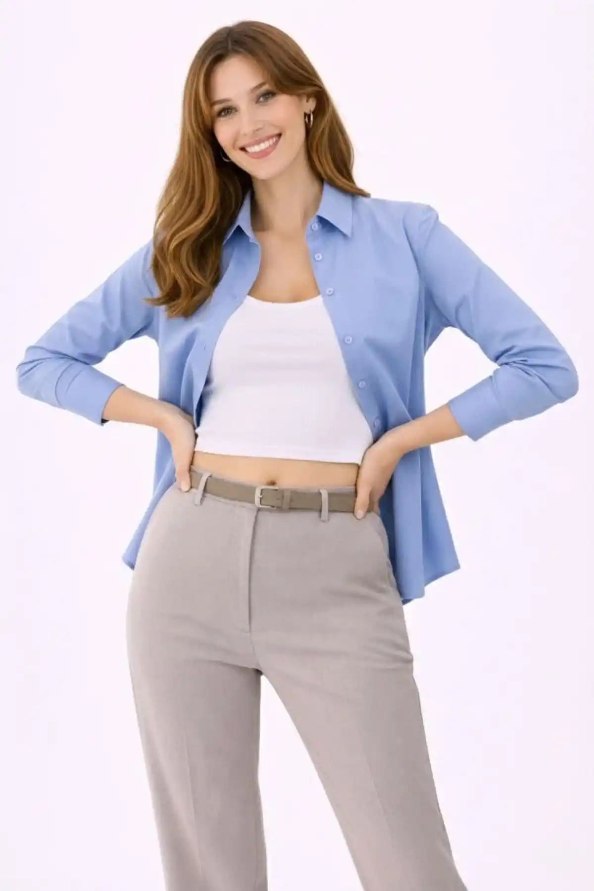 Kadın Uzun Kollu Gömlek Düğmeli Klasik Yaka Günlük ve Ofis Şıklığına uygun - Mavi