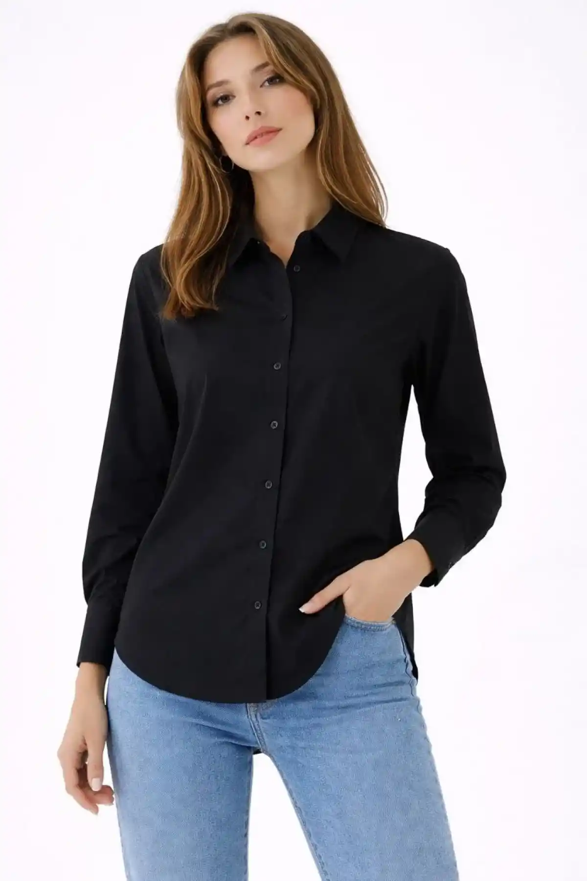 Kadın Uzun Kollu Gömlek Düğmeli Klasik Yaka Günlük ve Ofis Şıklığına uygun - Siyah