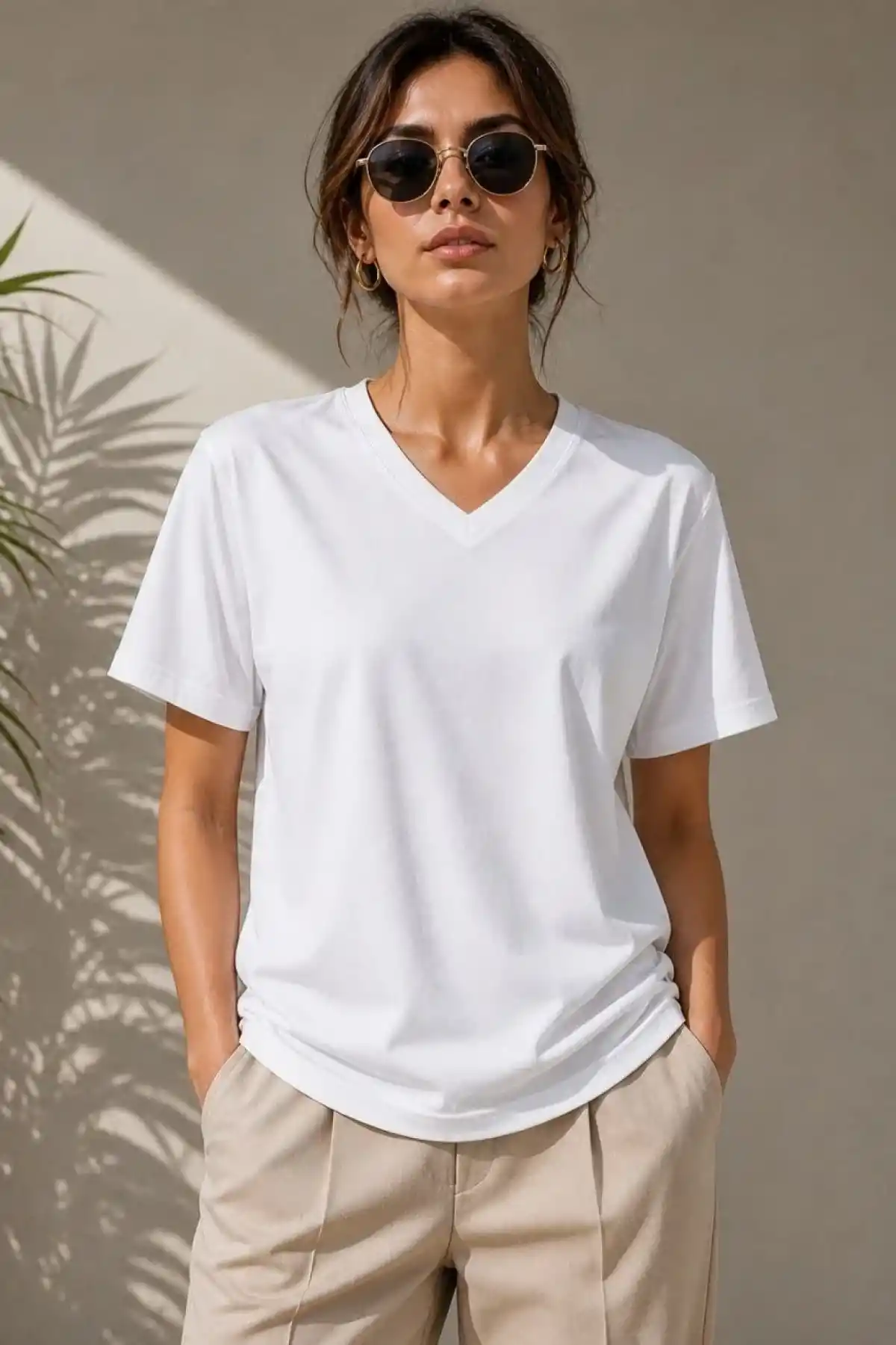 Kadın V Yaka Basic Tişört Kısa Kol Yazlık Regular Fit T-Shirt - Beyaz