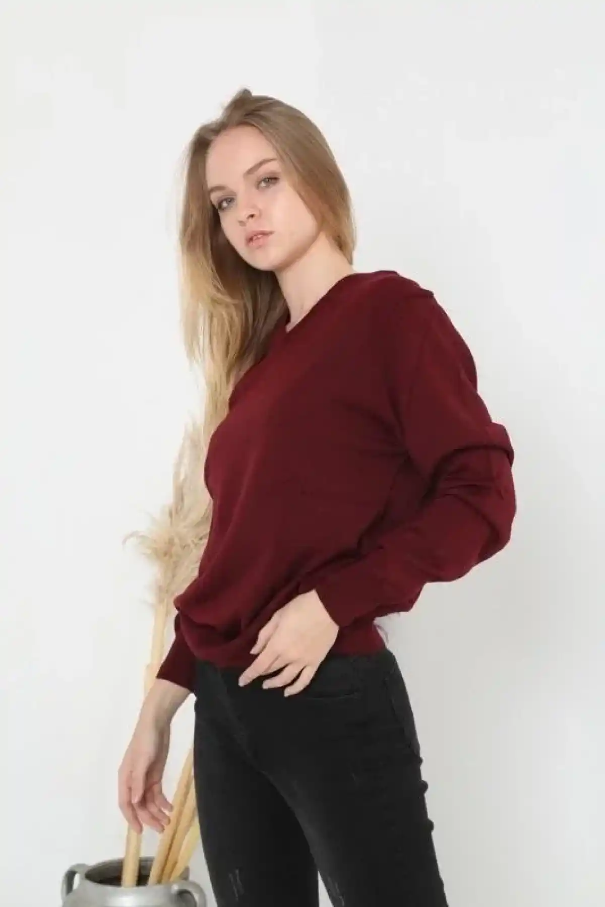 Kadın V Yaka Kazak Uzun Kol Düz Dokuma Triko - Bordo