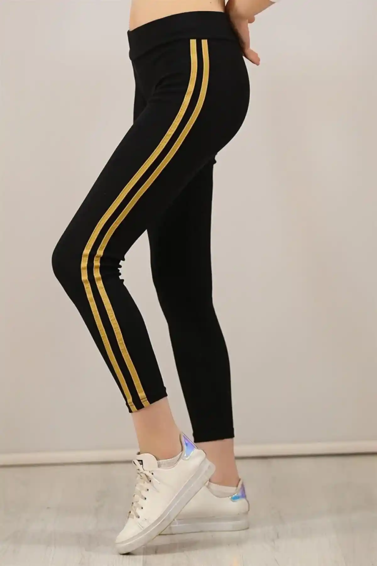 Kadın Yanı Sarı Şeritli Her Gardıropta Olması Gereken Tayt - Lacivert