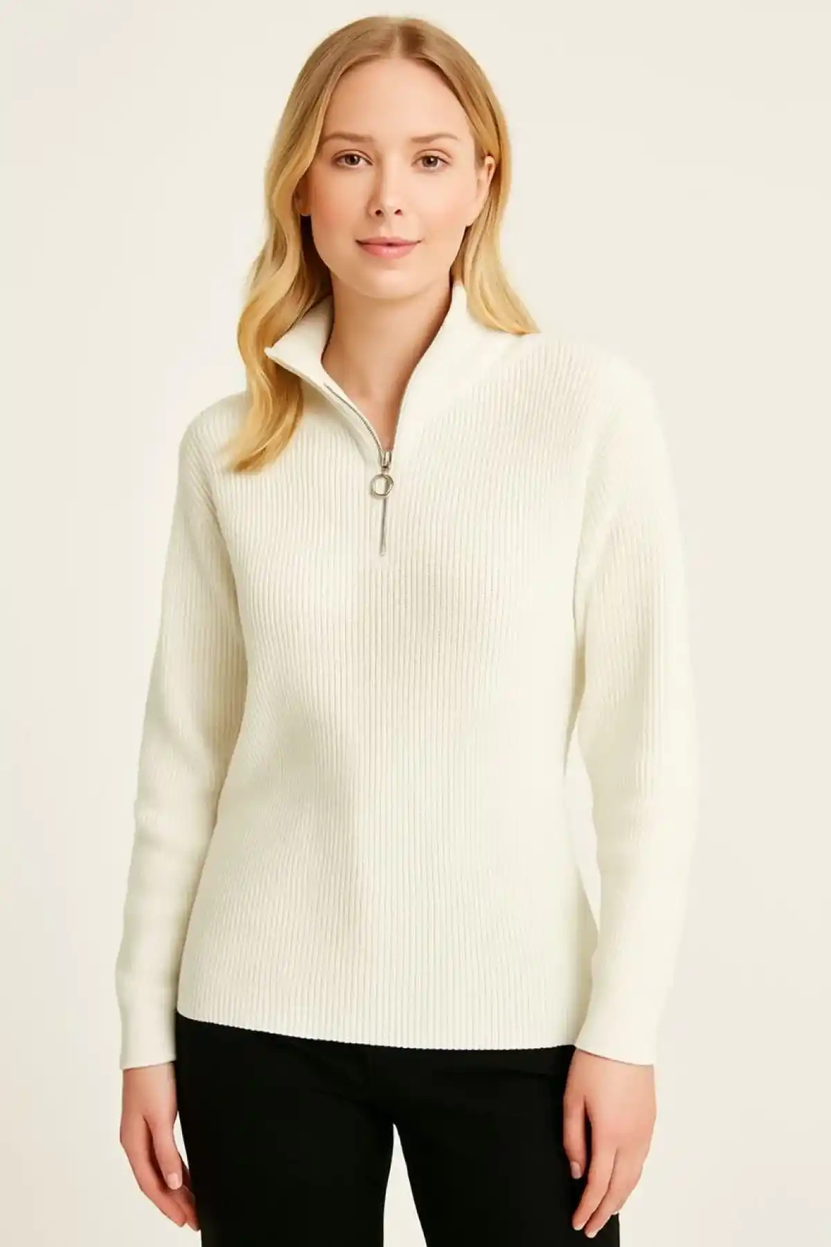 KADIN Yarım Fermuarlı Triko Kazak – Selanik Örgü, Dik Yaka, Pamuklu Dokuma, Oversize Uzun Kollu Kışlık Model - Beyaz