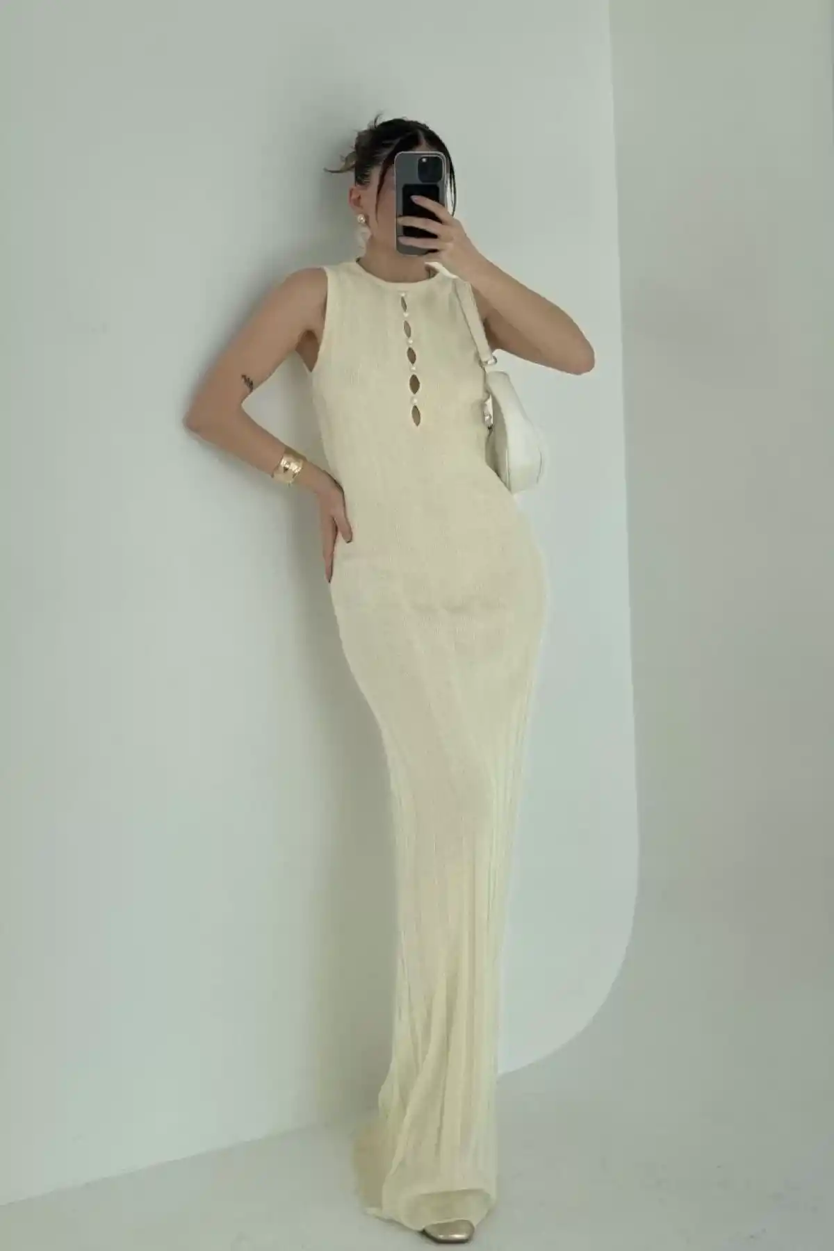 Kalın Fitilli Uzun Triko Elbise - Kırık Beyaz