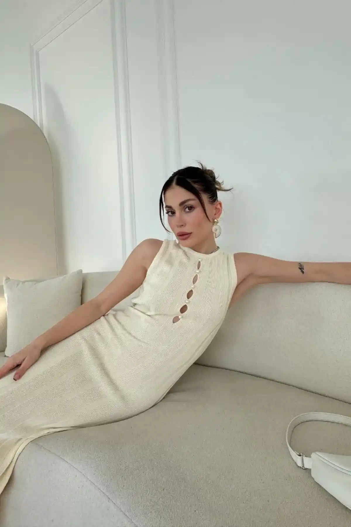 Kalın Fitilli Uzun Triko Elbise - Kırık Beyaz