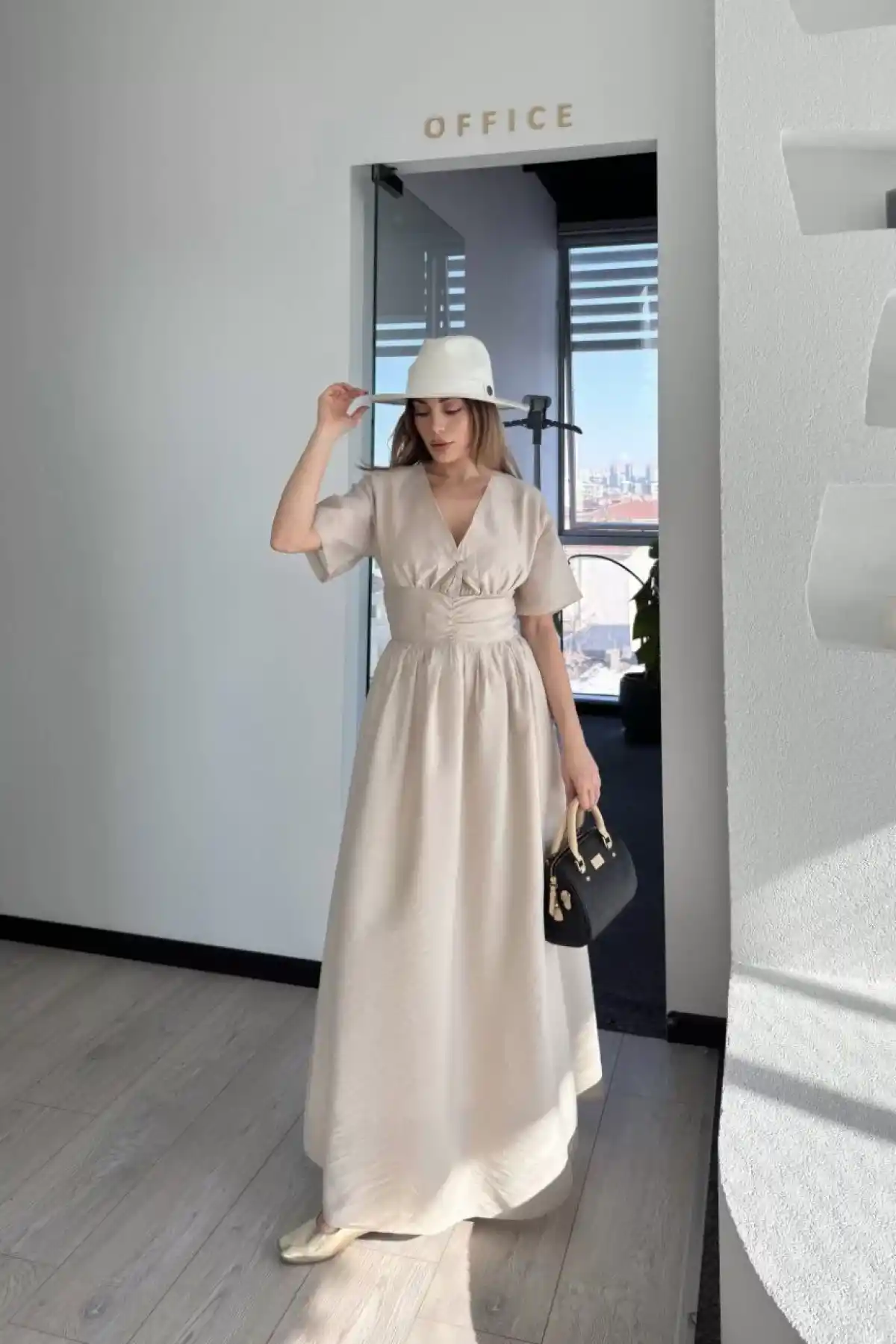 Kısa Kollu Uzun Elbise - Kırık Beyaz