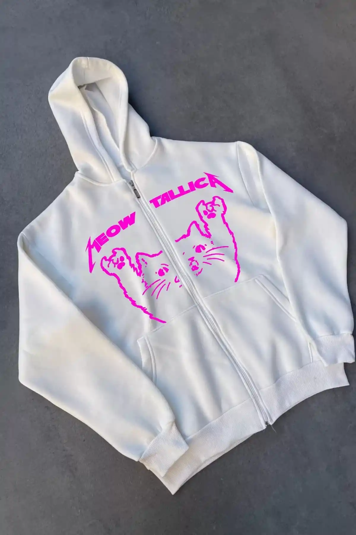 Kışlık Baskılı Fermuarlı Kapüşonlu Hırka - Beyaz