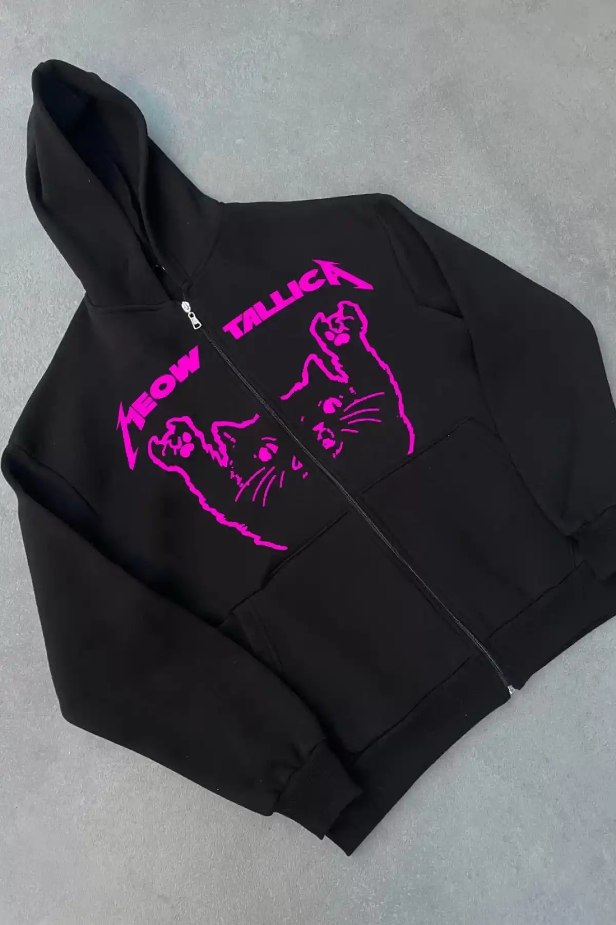 Kışlık Baskılı Fermuarlı Kapüşonlu Hırka - Siyah