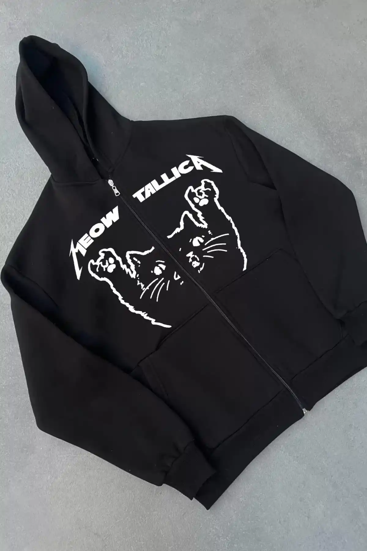 Kışlık Baskılı Fermuarlı Kapüşonlu Hırka - Siyah