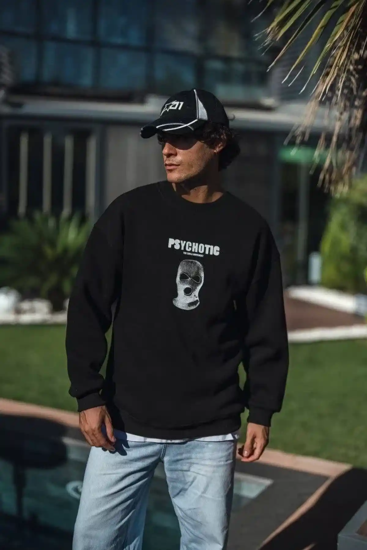 Kışlık Bisiklet Yaka Baskılı SweatShirt - Siyah