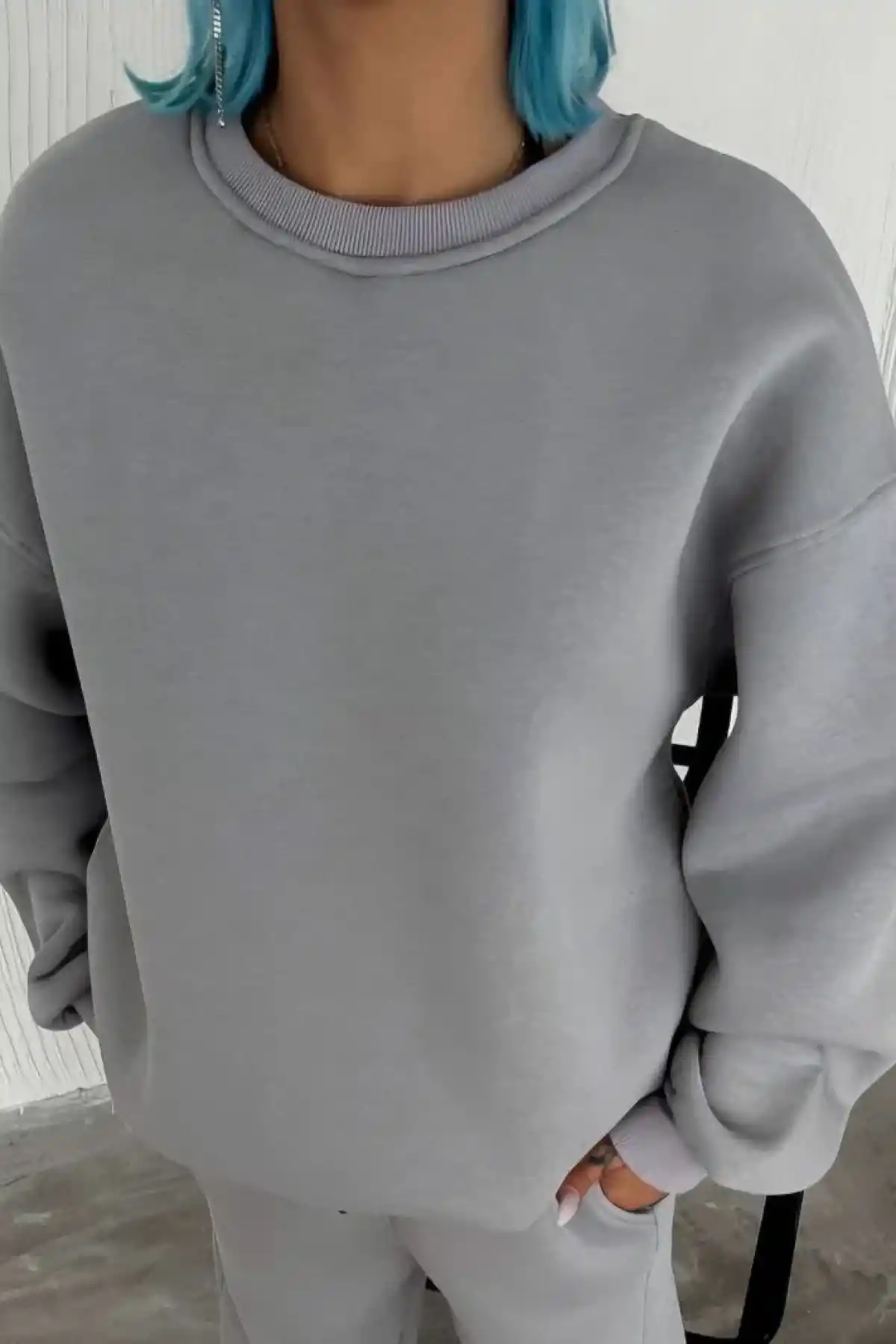 Kışlık Bisiklet Yaka Üç İplik Basic SweatShirt - Gri