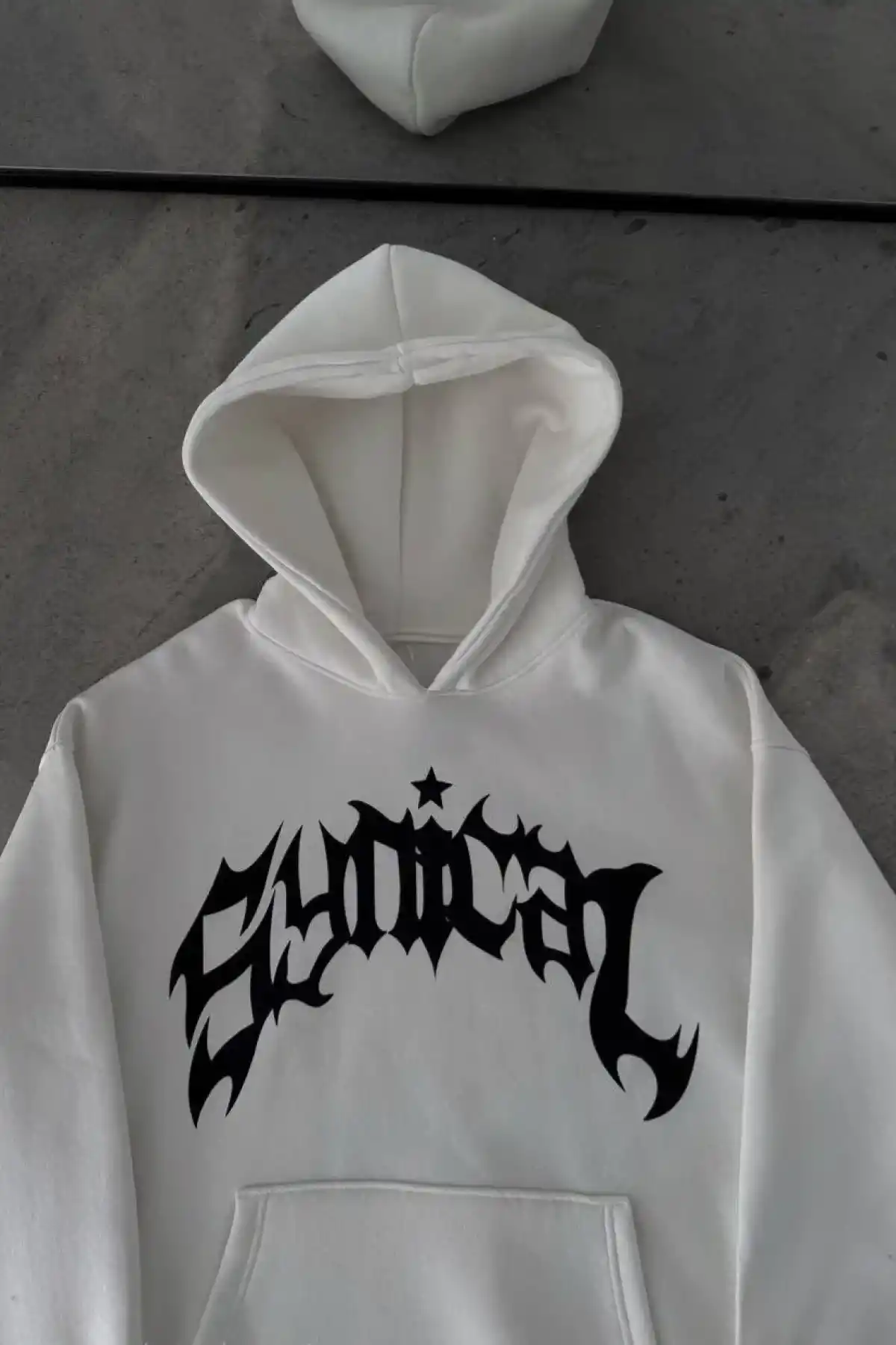 Kışlık Kapüşonlu Baskılı Oversize SweatShirt- Beyaz