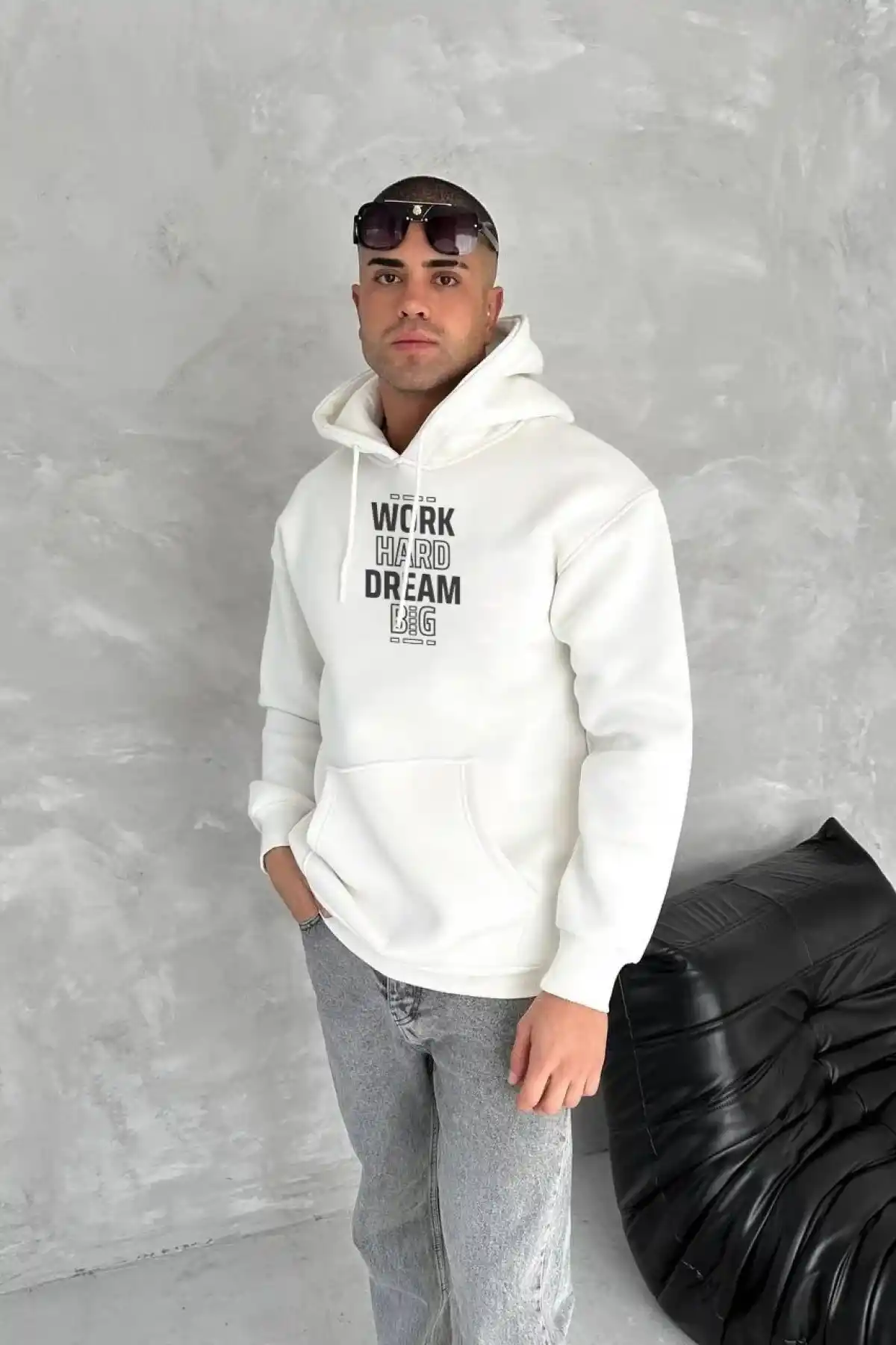Kışlık Üç İplik Kapüşonlu SweatShirt - Beyaz