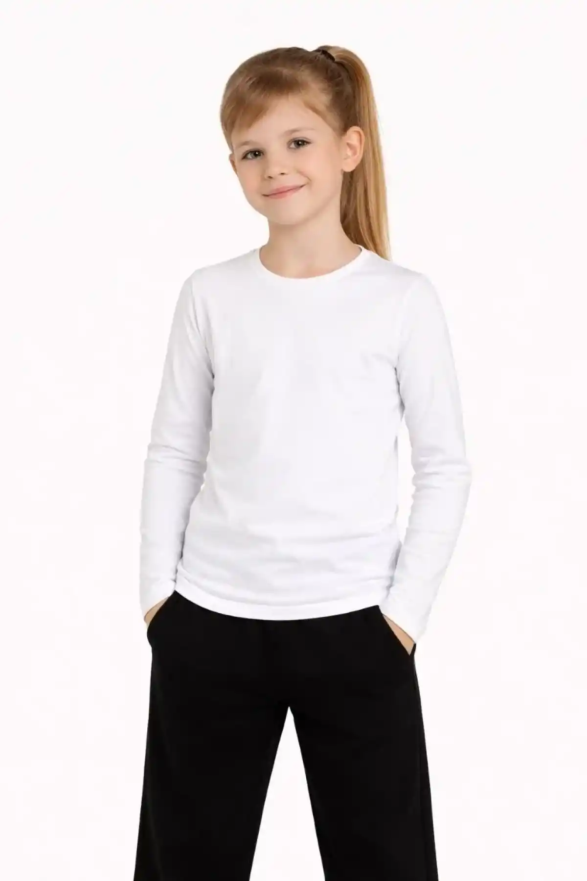 Kız Çocuk Basic Uzun Kollu Tişört Okul Günlük Rahat T-Shirt - Beyaz
