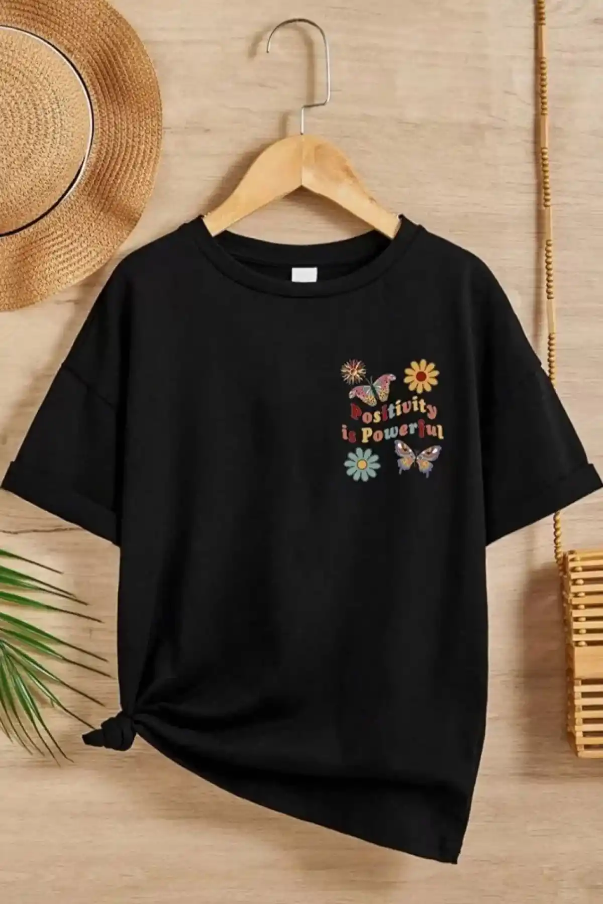 Kız Çocuk Bisiklet Yaka Baskılı T-Shirt - Siyah