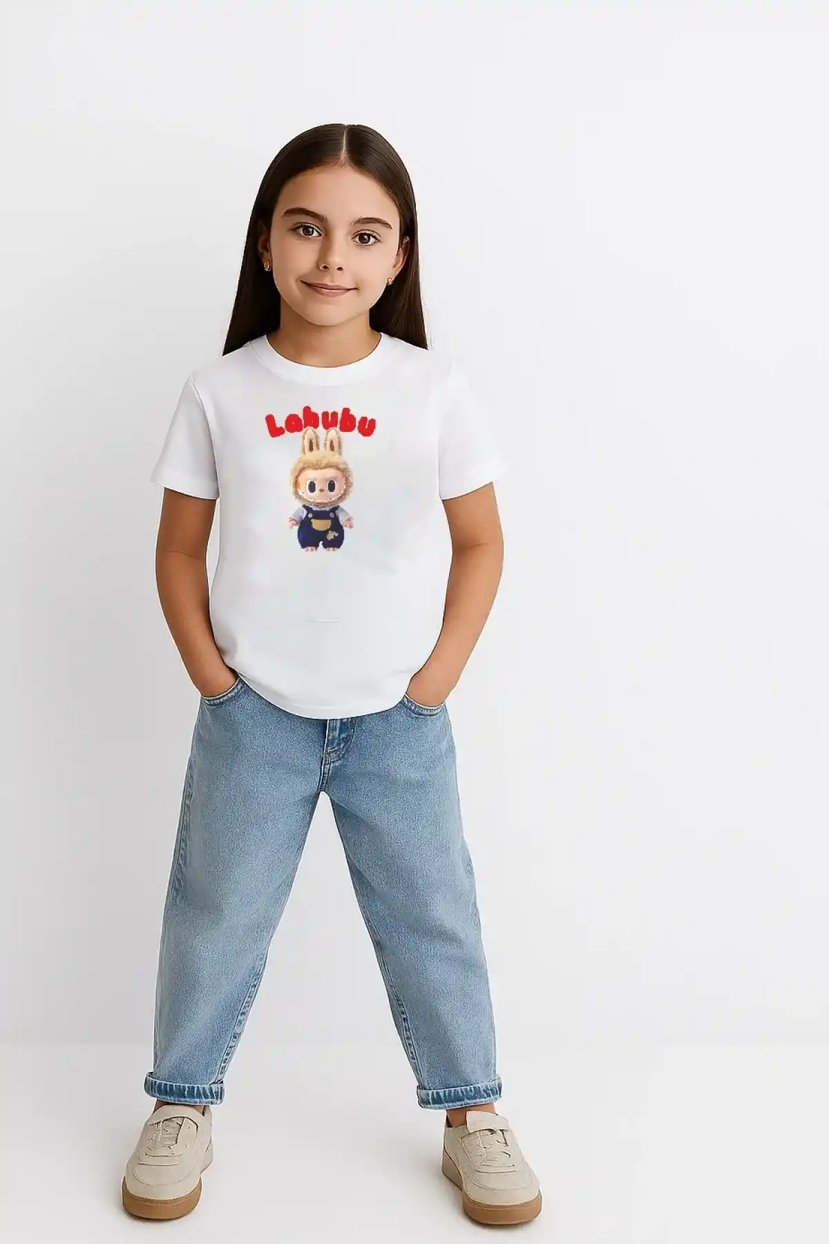 Kız Labubu Çocuk Baskılı T-Shirt - Beyaz
