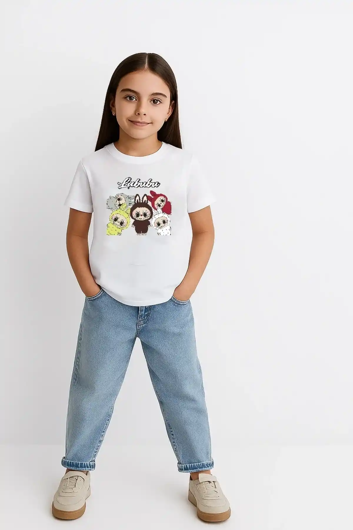 Kız Labubu Çocuk Baskılı T-Shirt - Beyaz