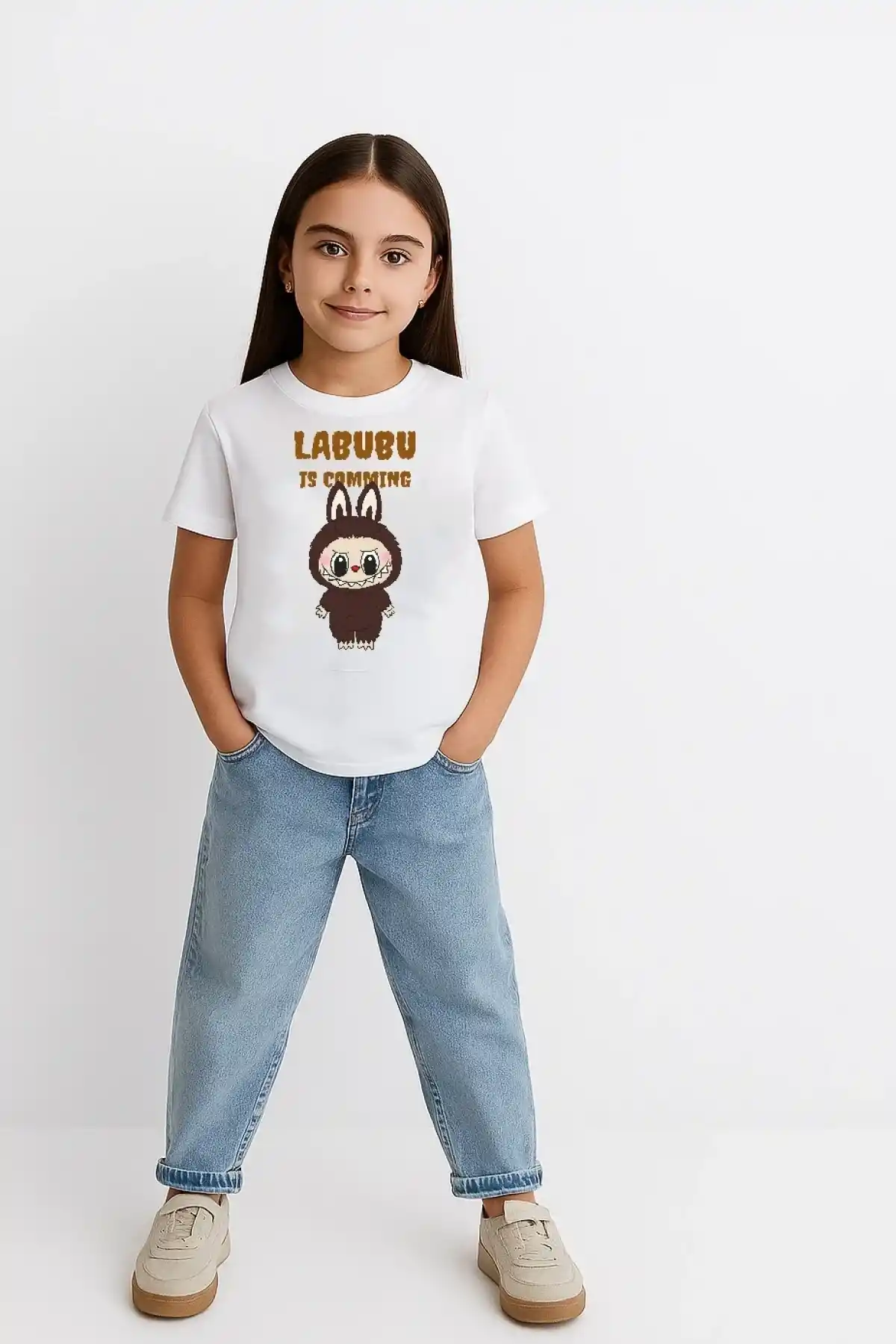 Kız Labubu Çocuk Baskılı T-Shirt - Beyaz