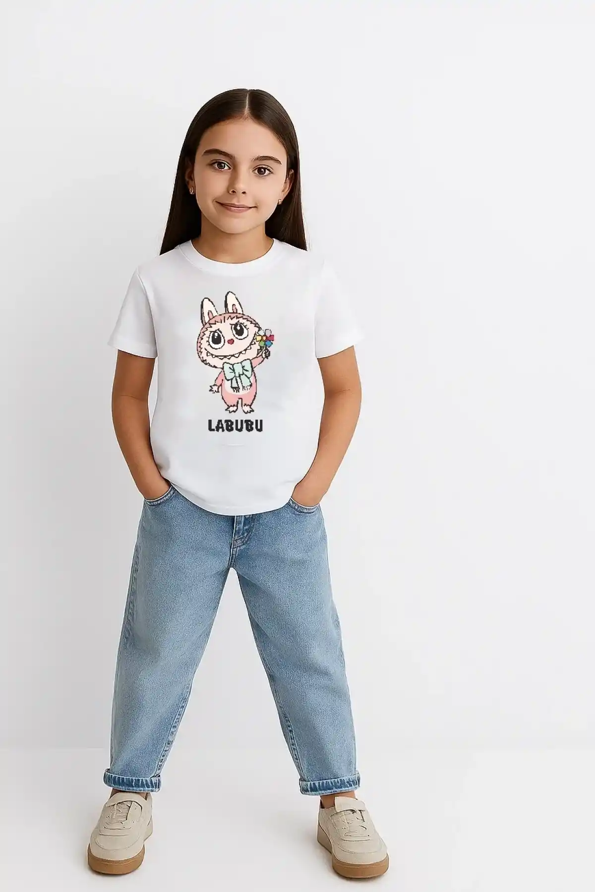 Kız Labubu Çocuk Baskılı T-Shirt - Beyaz