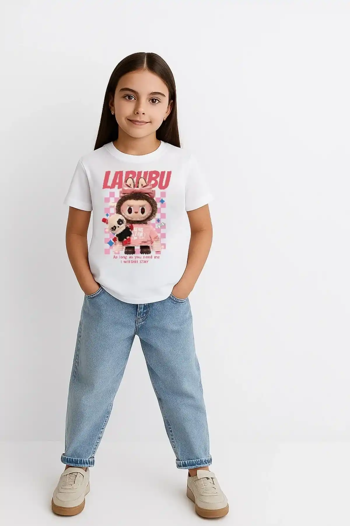 Kız Labubu Çocuk Baskılı T-Shirt - Beyaz