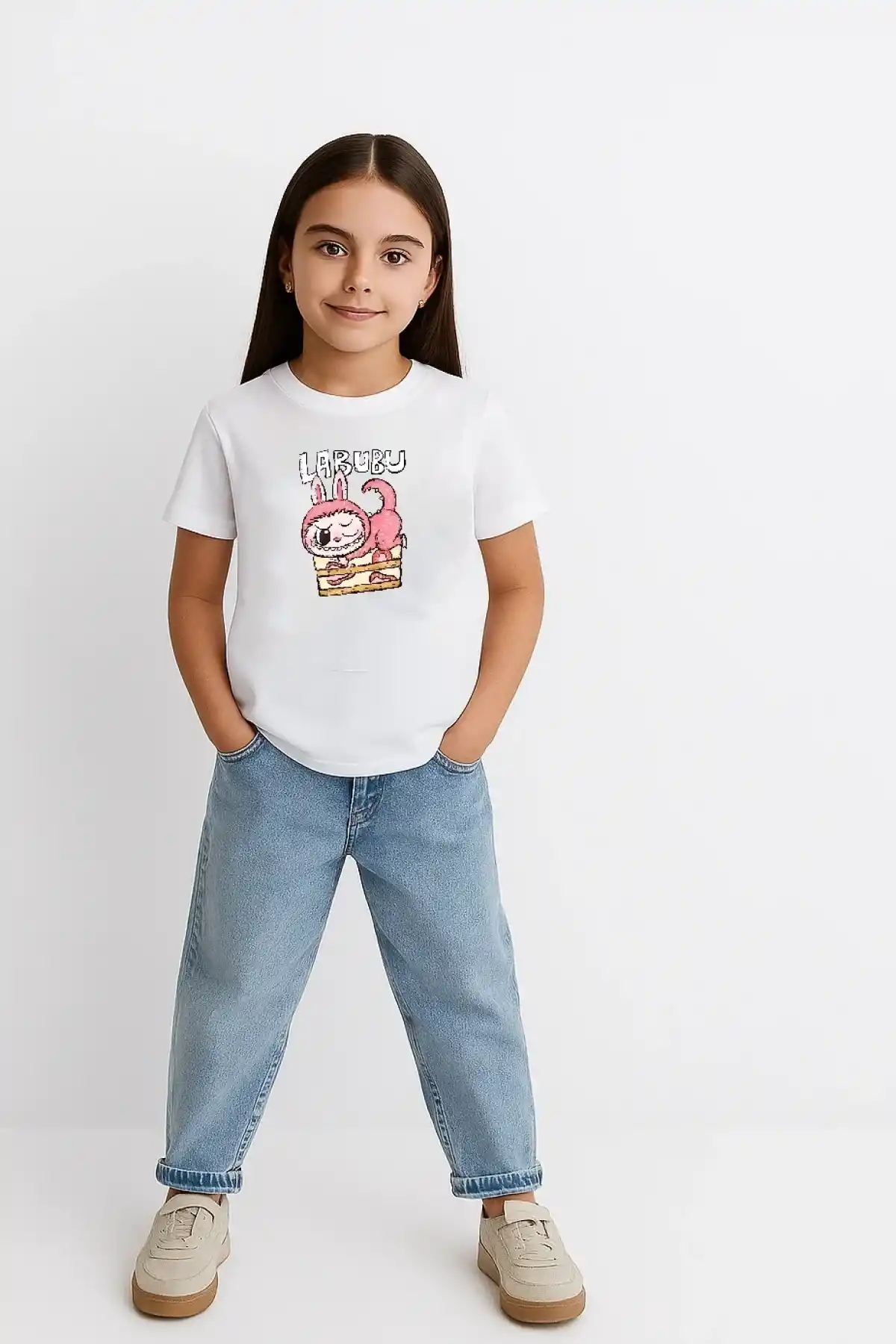 Kız Labubu Çocuk Baskılı T-Shirt - Beyaz