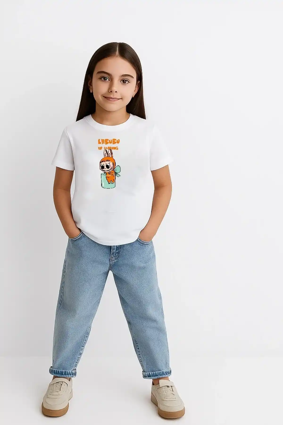 Kız Labubu Çocuk Baskılı T-Shirt - Beyaz