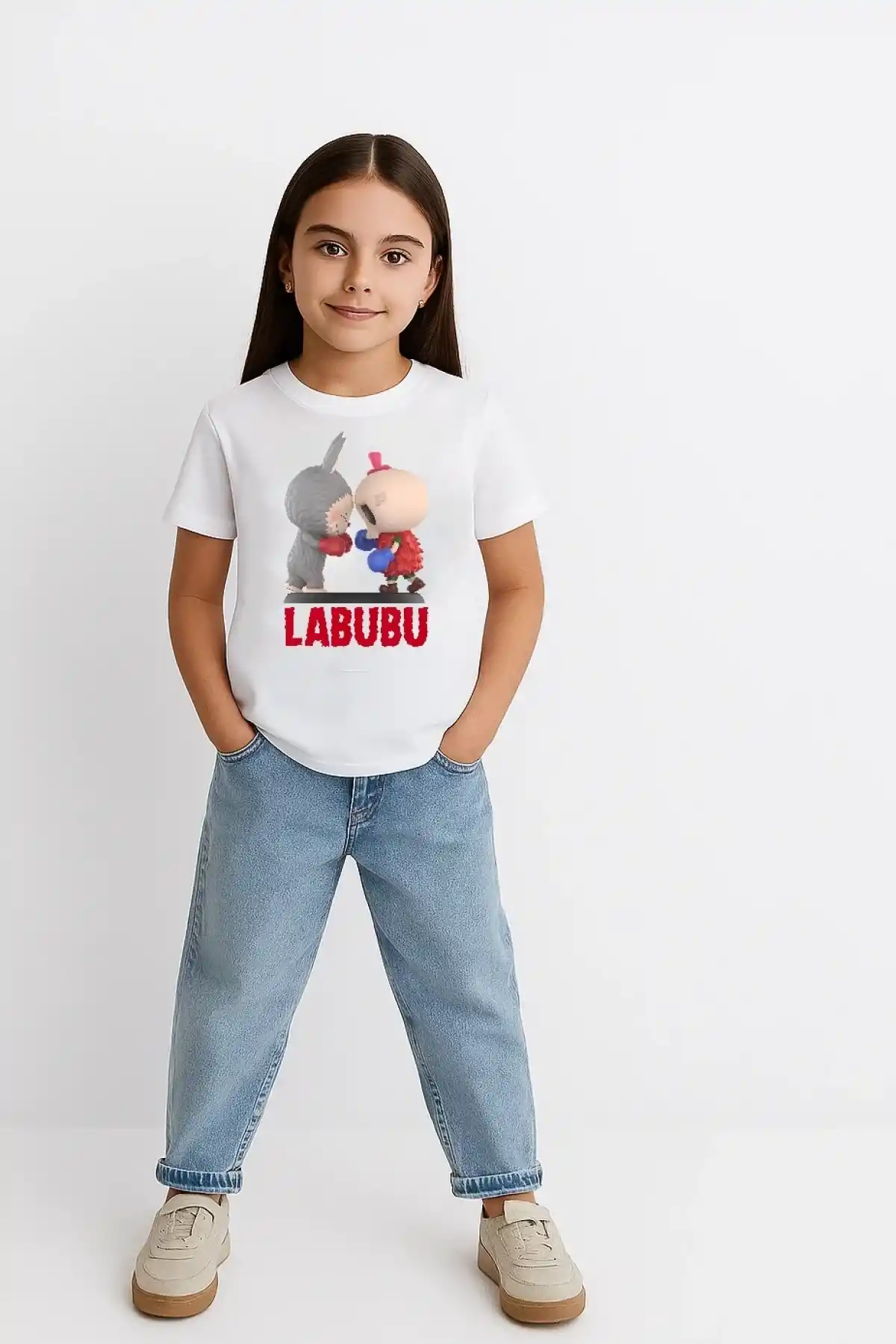 Kız Labubu Çocuk Baskılı T-Shirt - Beyaz