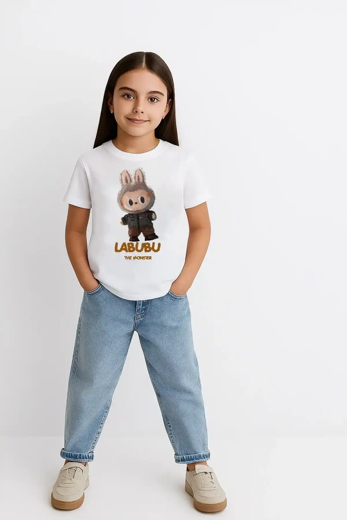 Kız Labubu Çocuk Baskılı T-Shirt - Beyaz