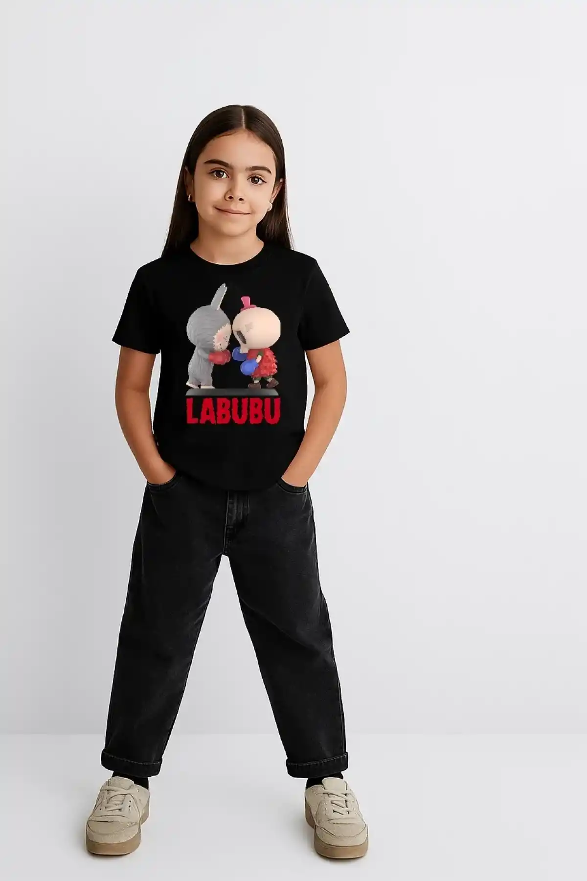 Kız Labubu Çocuk Baskılı T-Shirt - Siyah