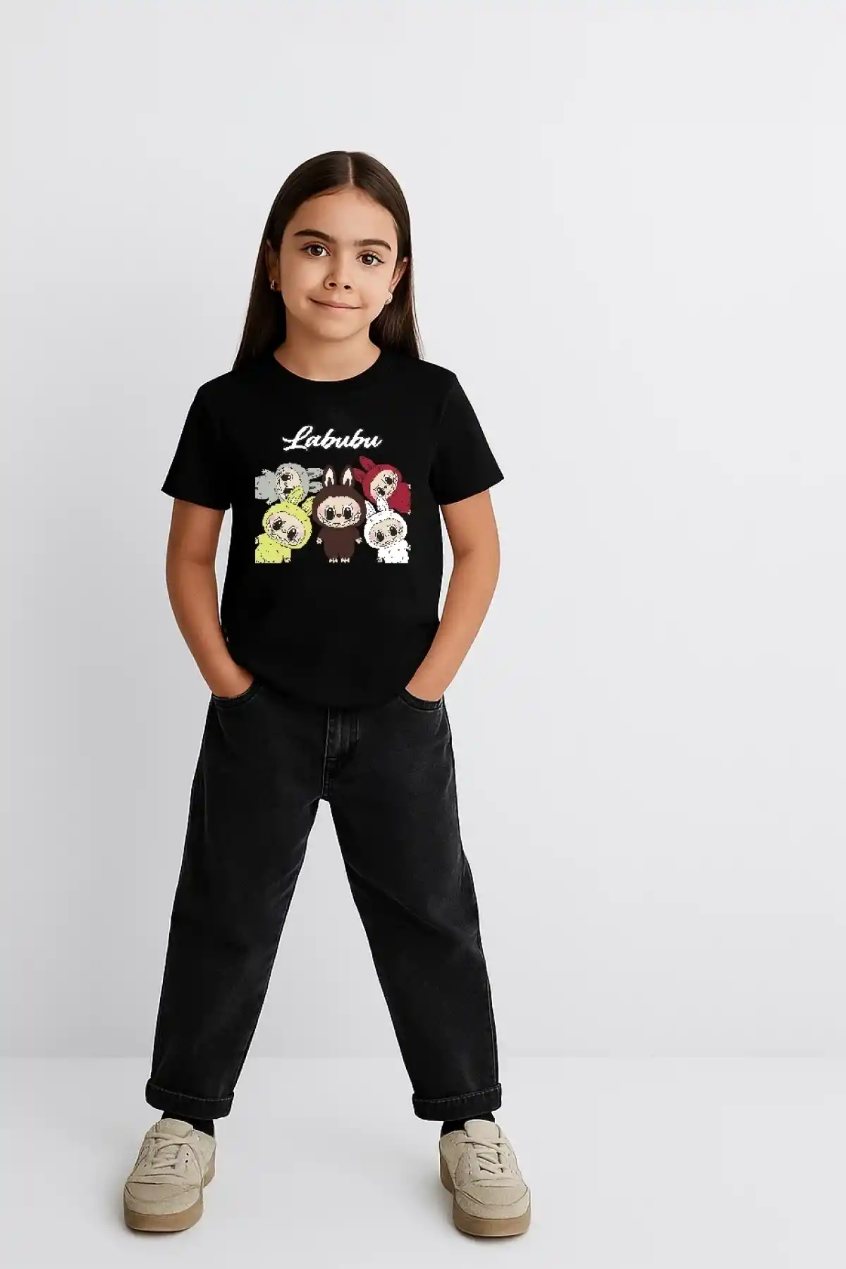Kız Labubu Çocuk Baskılı T-Shirt - Siyah