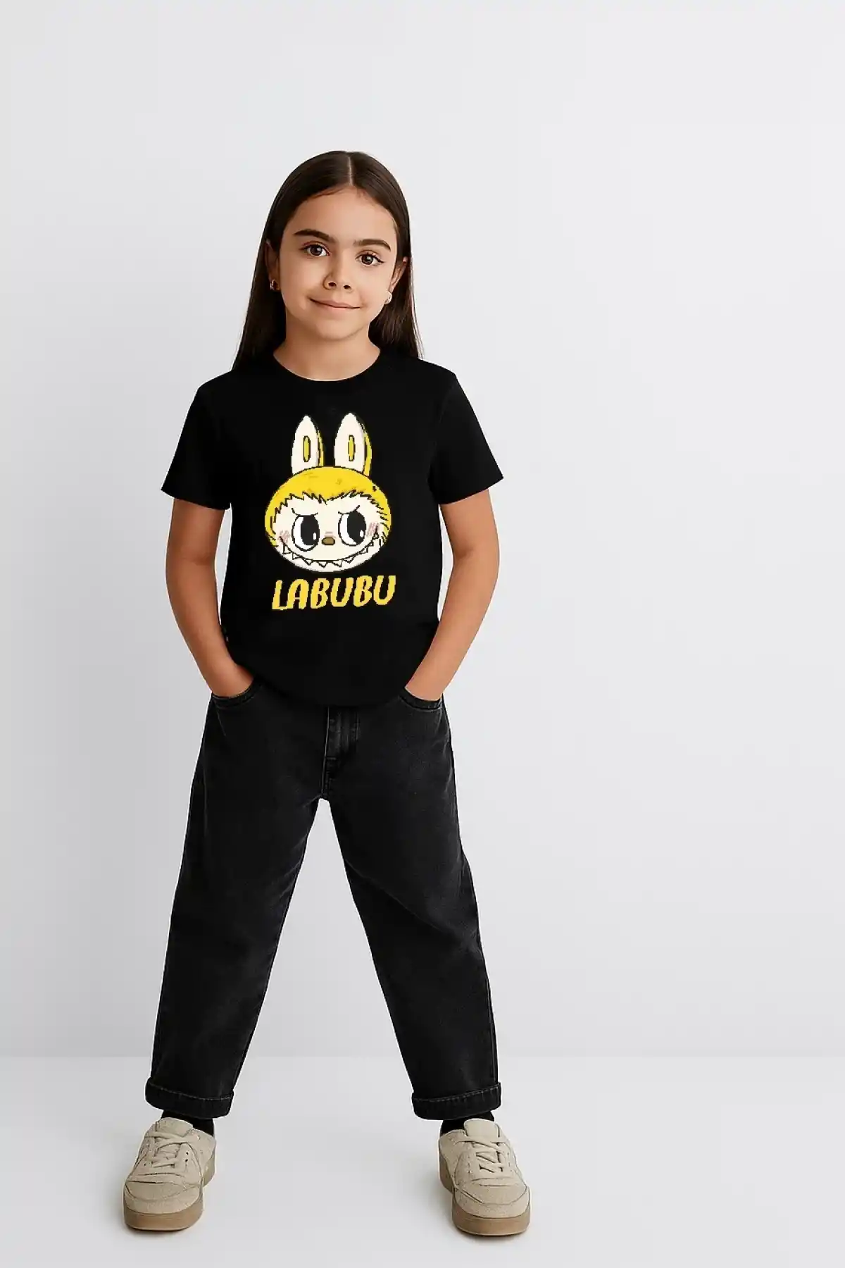 Kız Labubu Çocuk Baskılı T-Shirt - Siyah