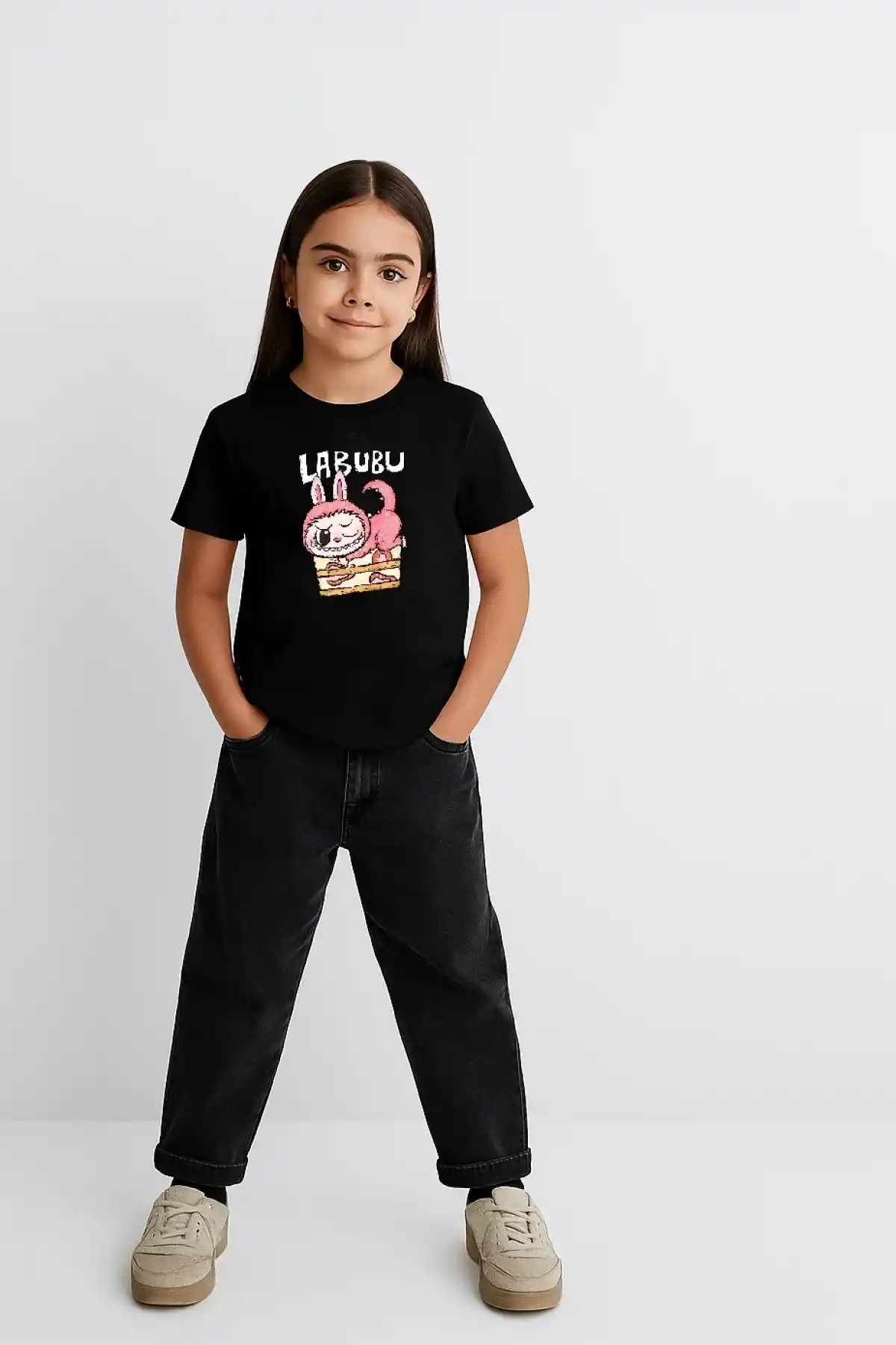 Kız Labubu Çocuk Baskılı T-Shirt - Siyah