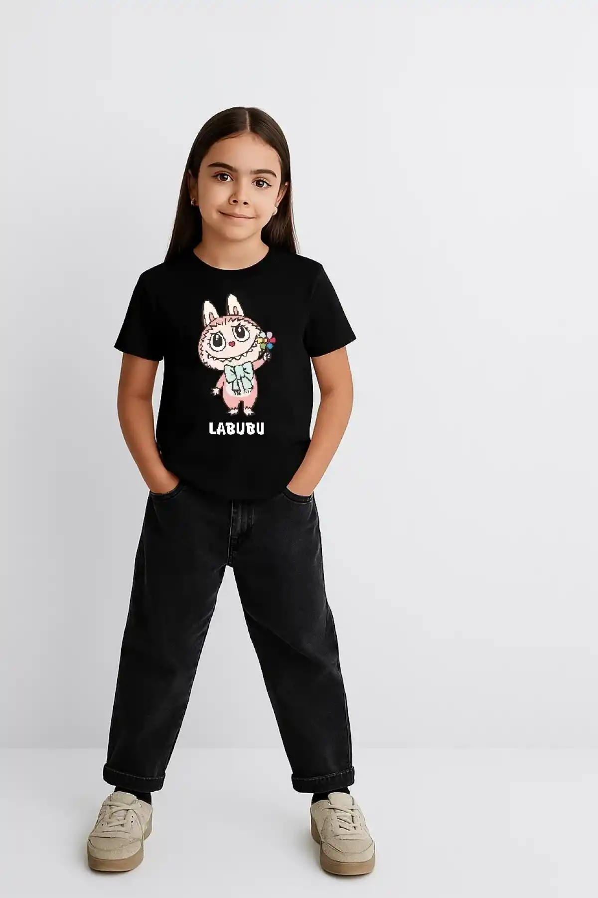 Kız Labubu Çocuk Baskılı T-Shirt - Siyah