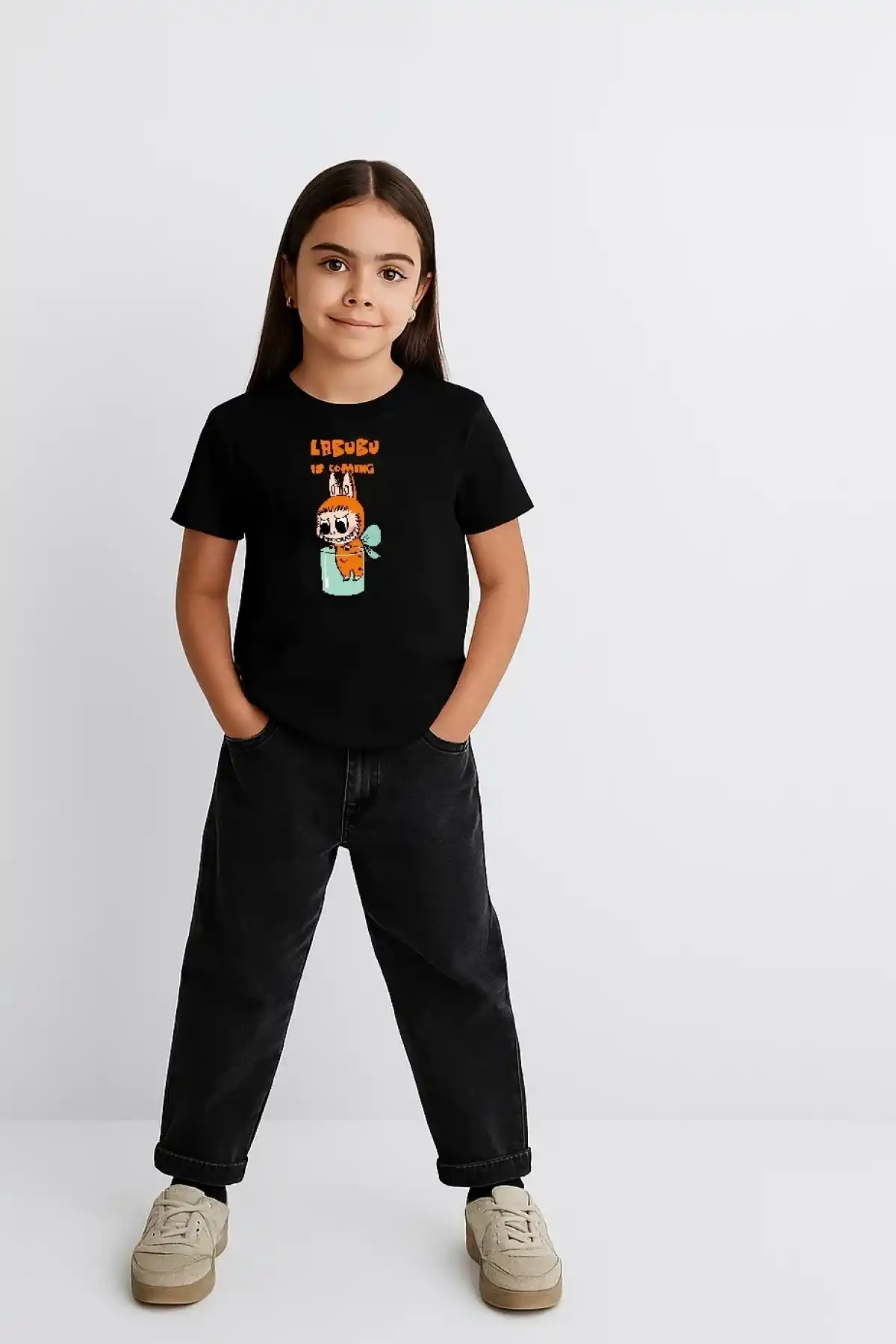 Kız Labubu Çocuk Baskılı T-Shirt - Siyah