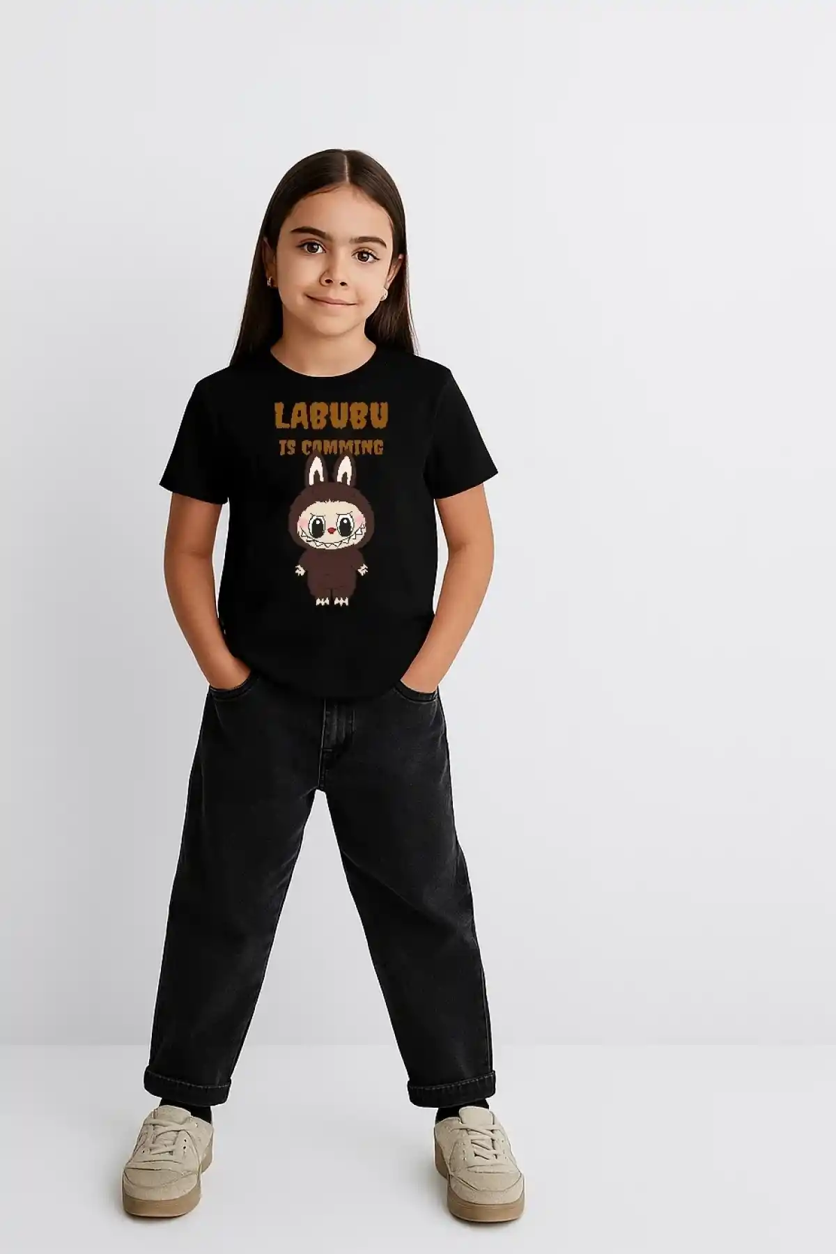 Kız Labubu Çocuk Baskılı T-Shirt - Siyah