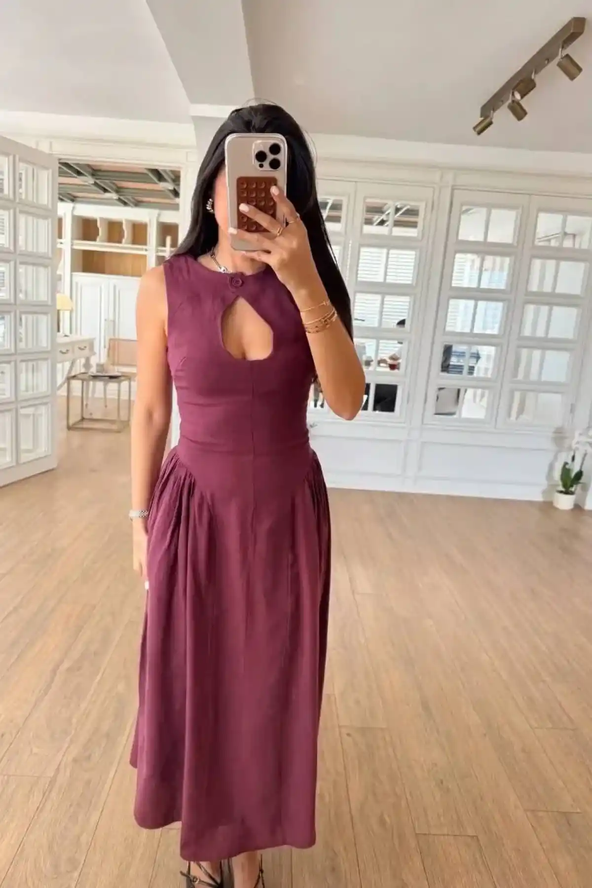 Kolsuz Uzun Kabardin Elbise - Bordo