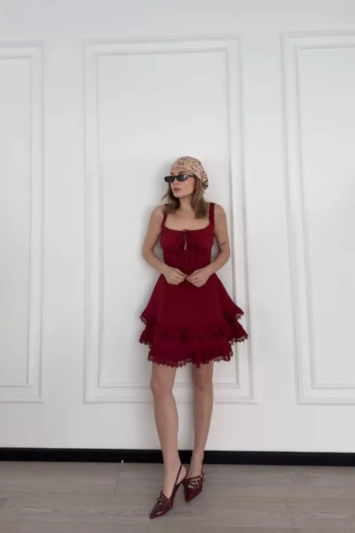 Mini Askılı Elbise - Bordo