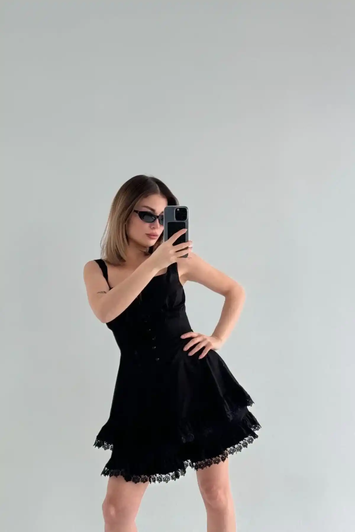 Mini Askılı Elbise - Siyah