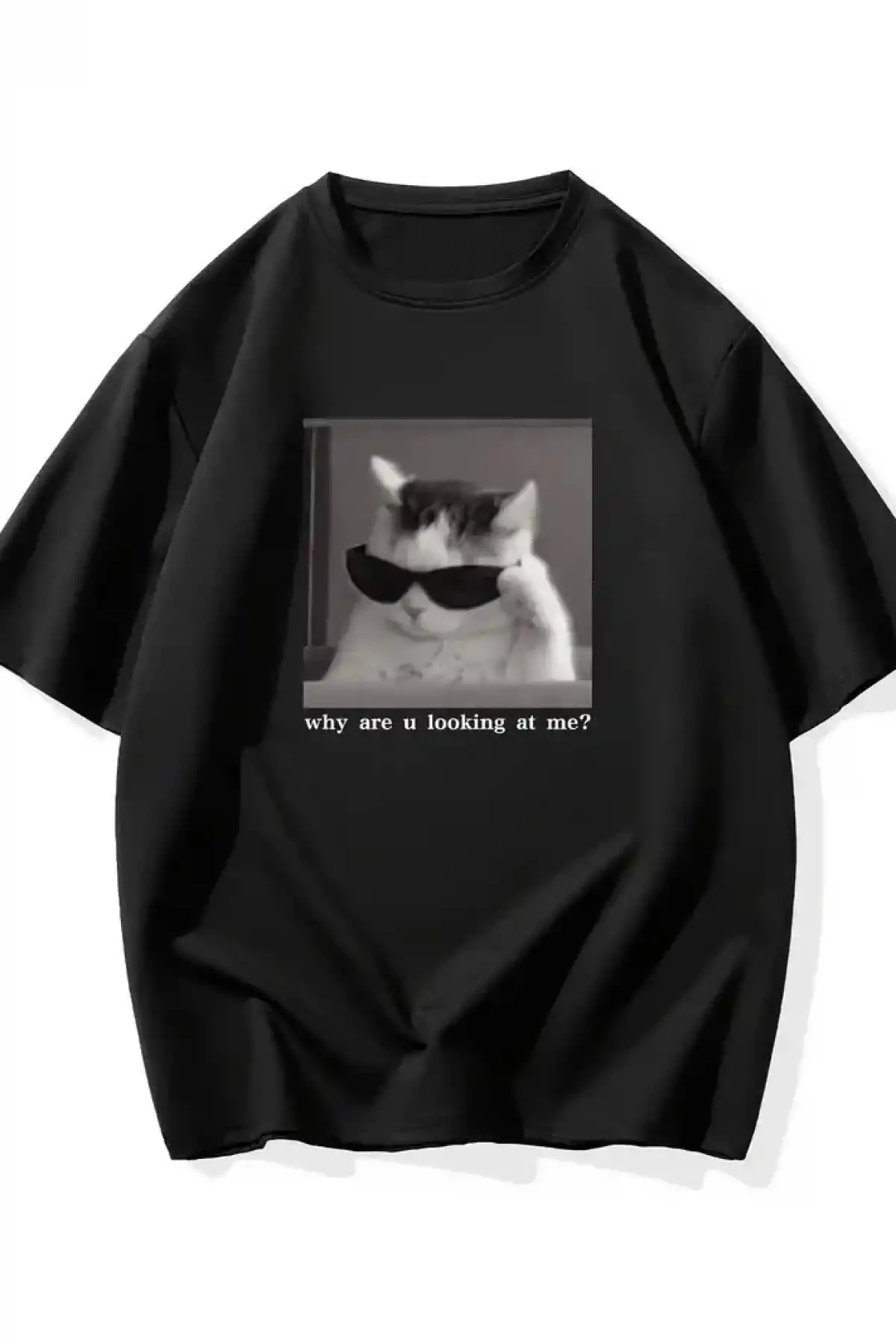 Neden Bana Bakıyorsun? Komik Kedi Grafik Tişört - Dijital Baskılı Siyah Bol Kesim Streetwear Tişört, Erkekler için Dört Mevsim Günlük Gömlek - Siyah