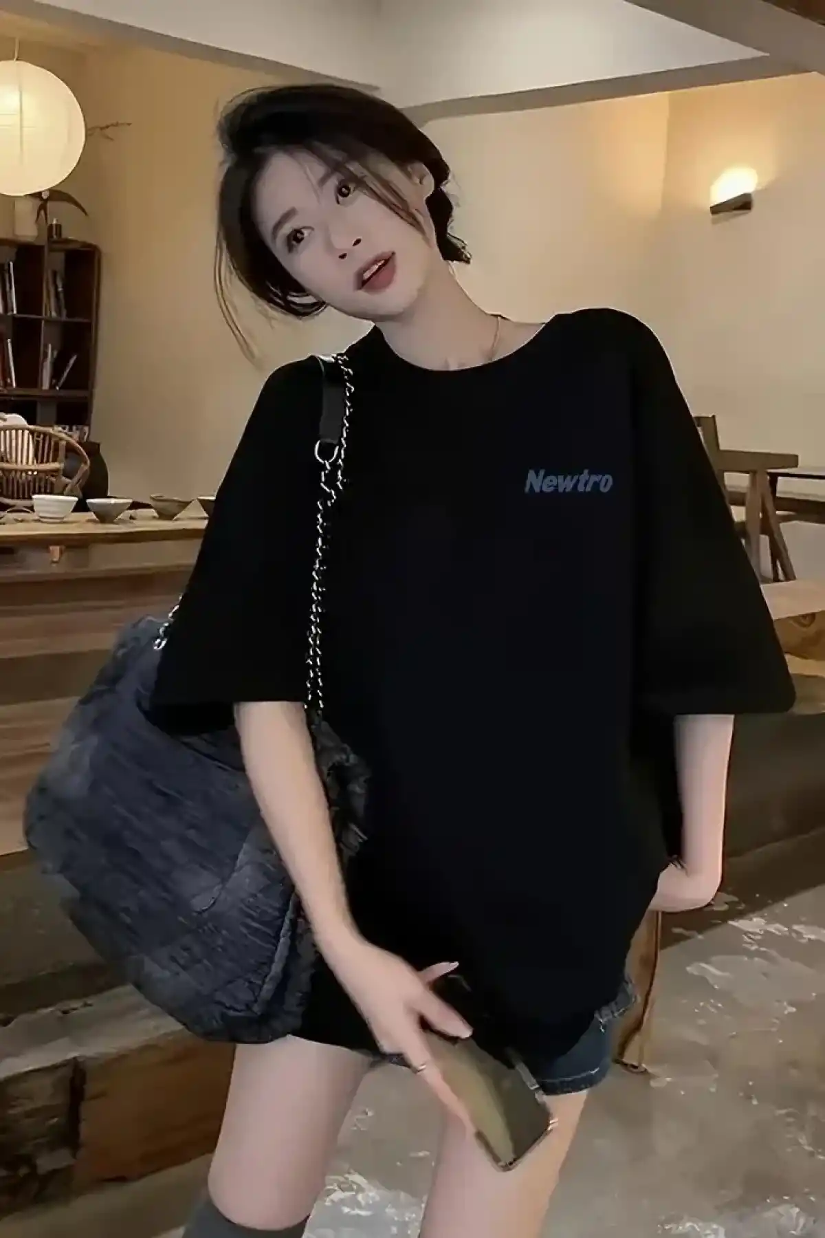 Newtro Baskılı Oversize Bisiklet Yaka T-shirt - Siyah