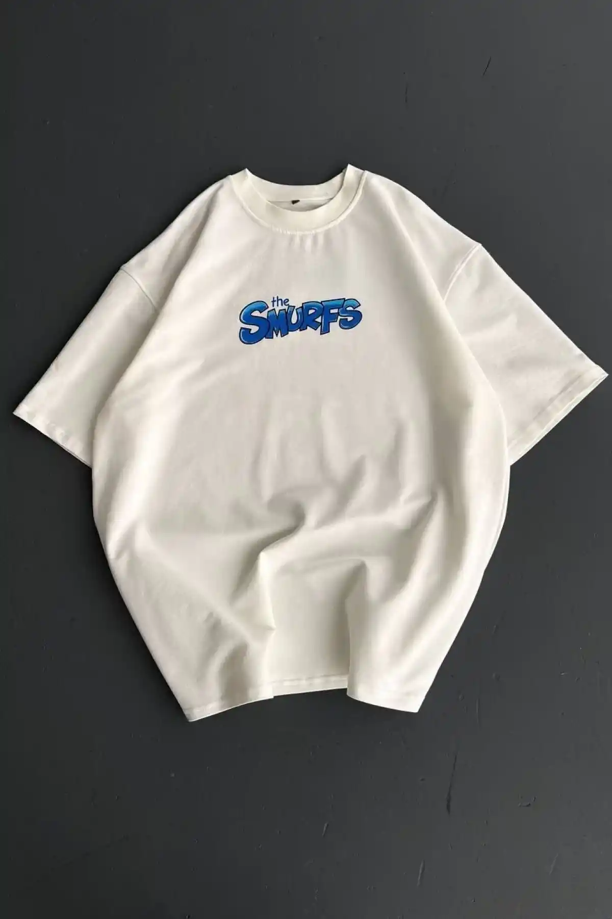 Ön ve Arka Baskılı Oversize Bisiklet Yaka T-shirt- Beyaz