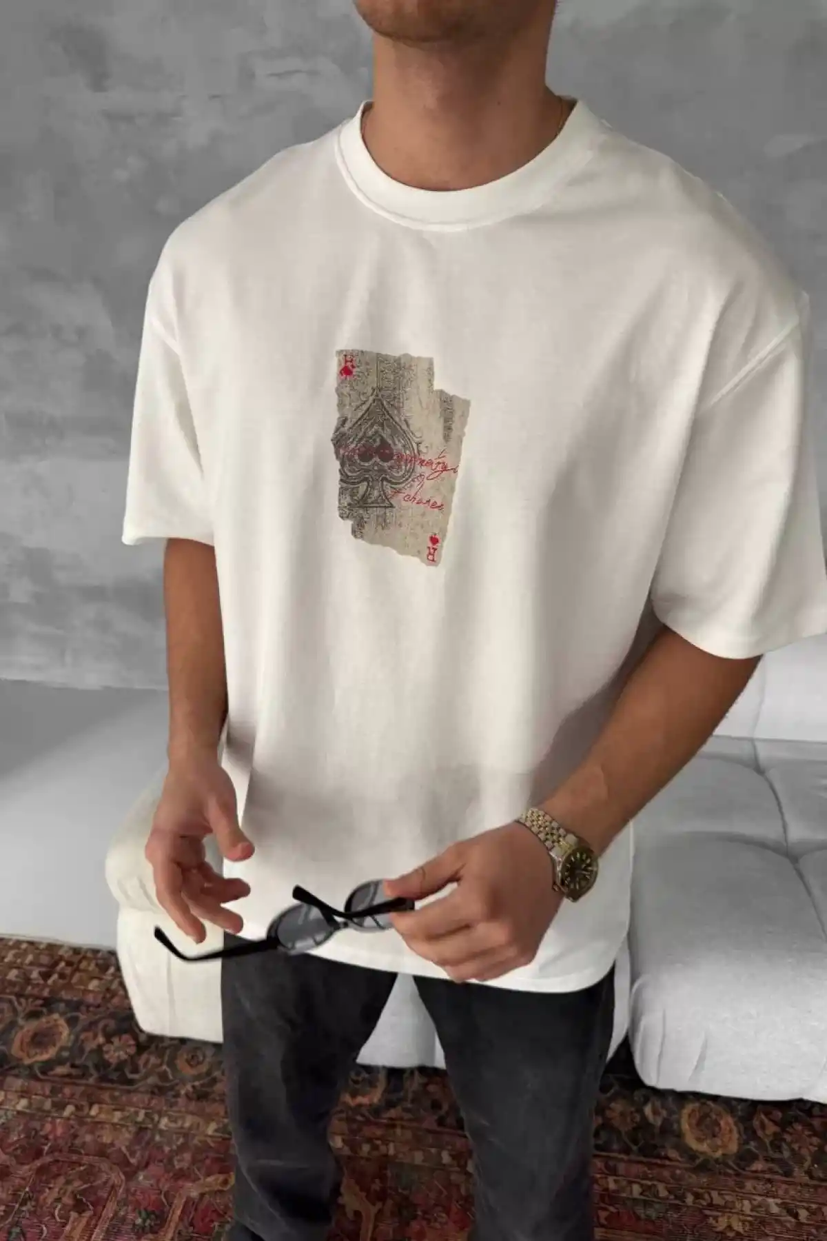 Ön ve Arka Baskılı Oversize Bisiklet Yaka T-shirt - Beyaz